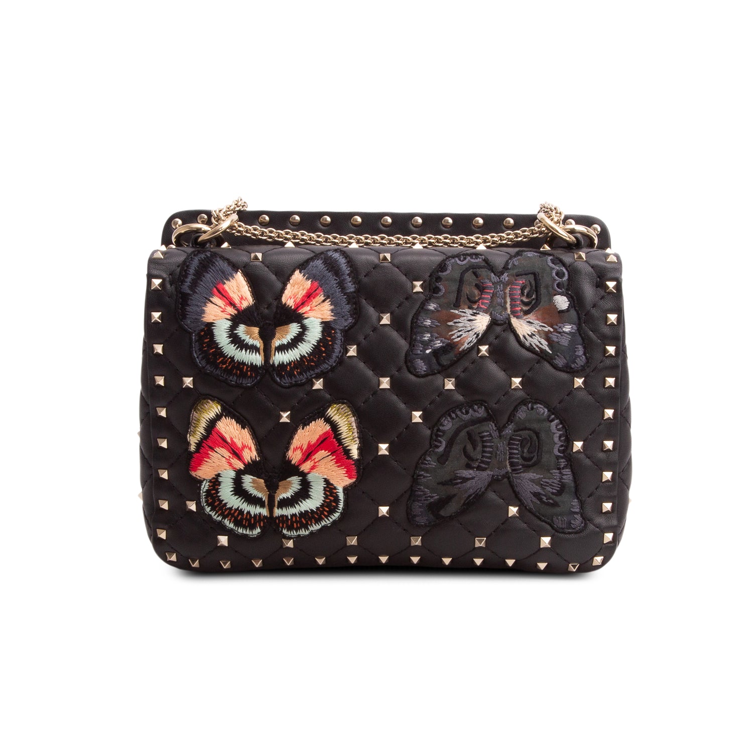 Valentino 2020 Black Nappa Leather Medium Rockstud Butterfly Embroidered Spike Shoulder Bag w/ Receipt