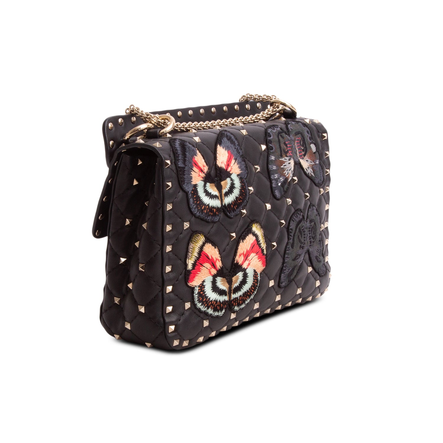 Valentino 2020 Black Nappa Leather Medium Rockstud Butterfly Embroidered Spike Shoulder Bag w/ Receipt