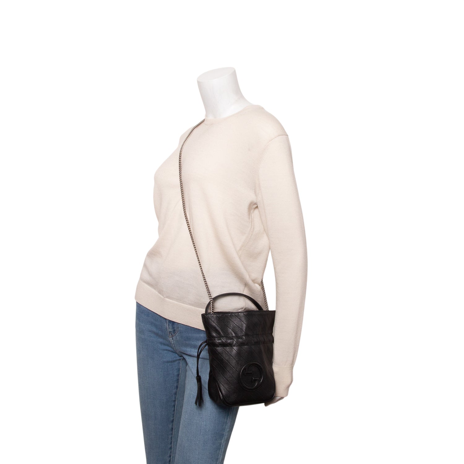 Gucci Black Sakai Calfskin Diagonal Stitched Mini Blondie Bucket Bag w/ Chain