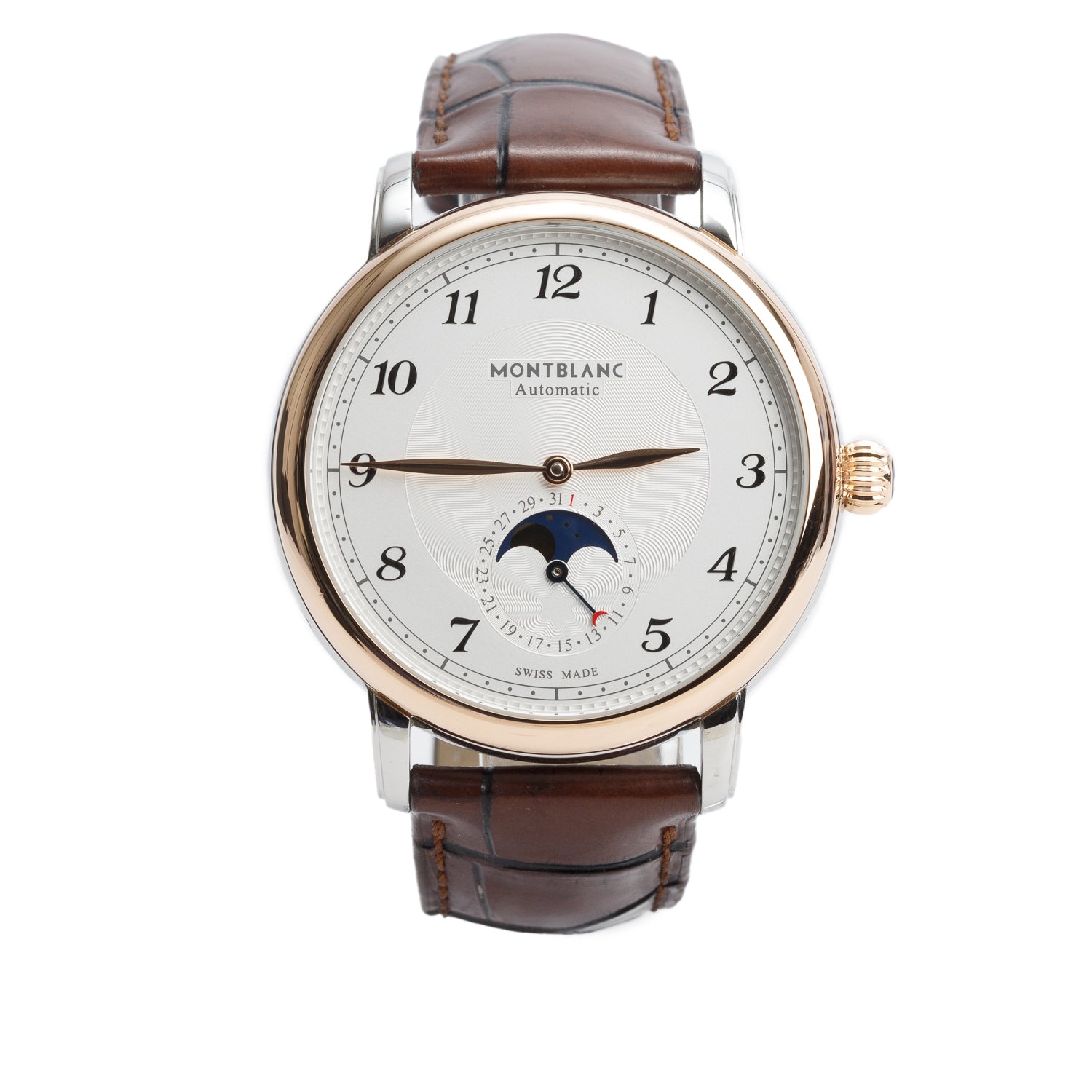 Montblanc 2025 Stainless Steel & 18k Rose Gold Star Legacy 42 MM Automatic Moonphase Watch Silver Guilloche Dial 117580 w/ Box