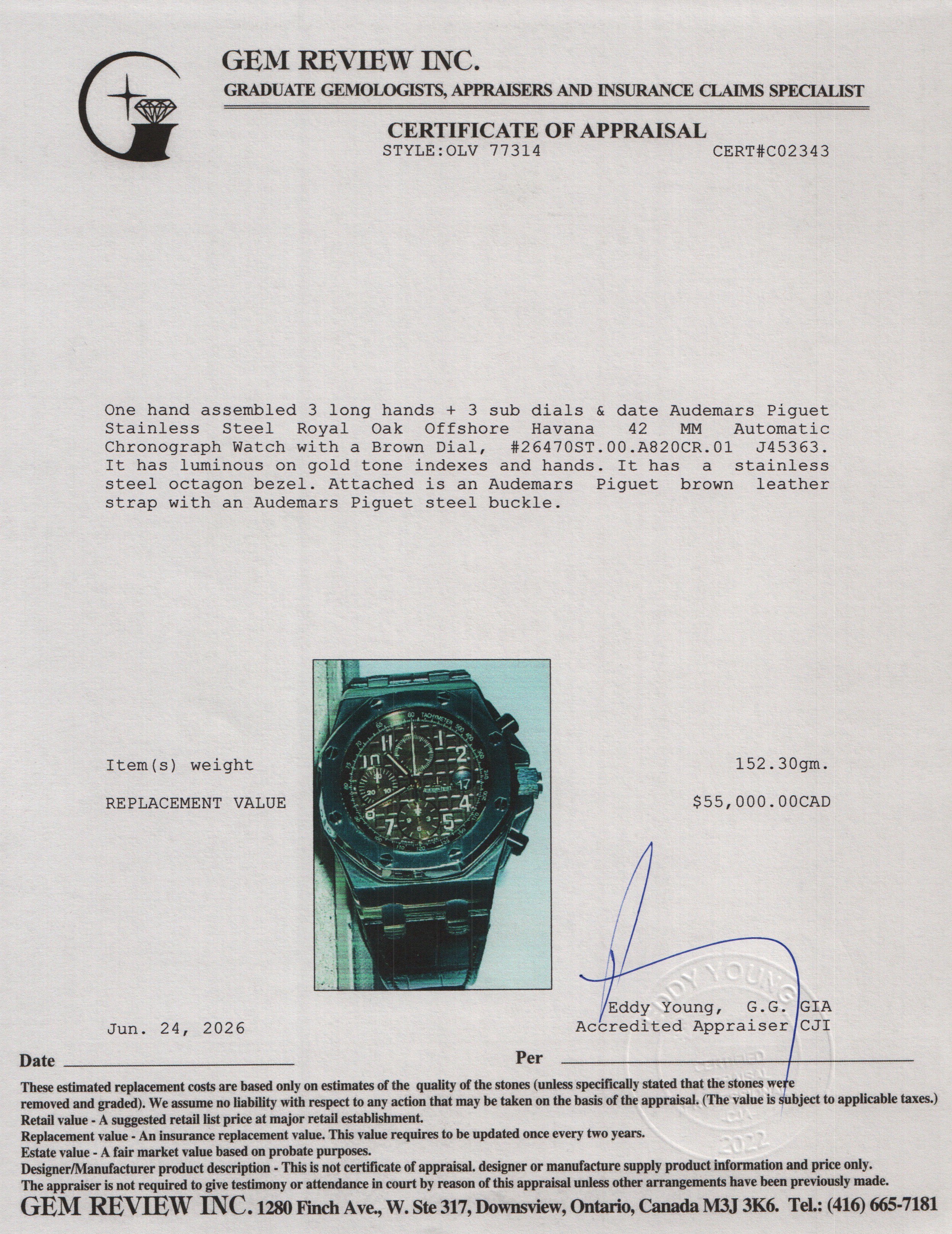 Audemars Piguet Stainless Steel Royal Oak Offshore Havana 42 MM Automatic Chronograph Watch Brown Dial w/ Box & Papers