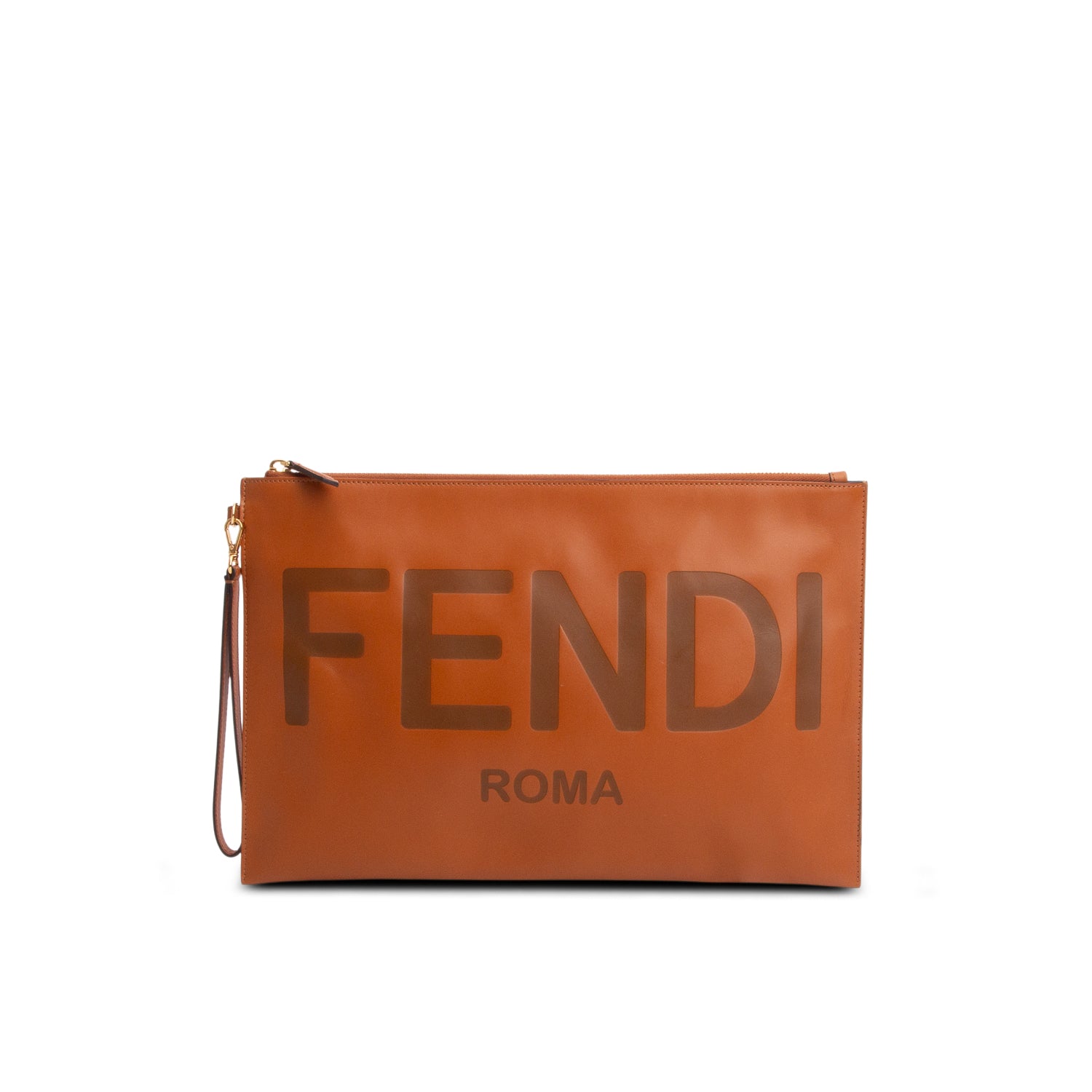 Fendi Brown Vitello King Logo Embossed Large Flat Pouch