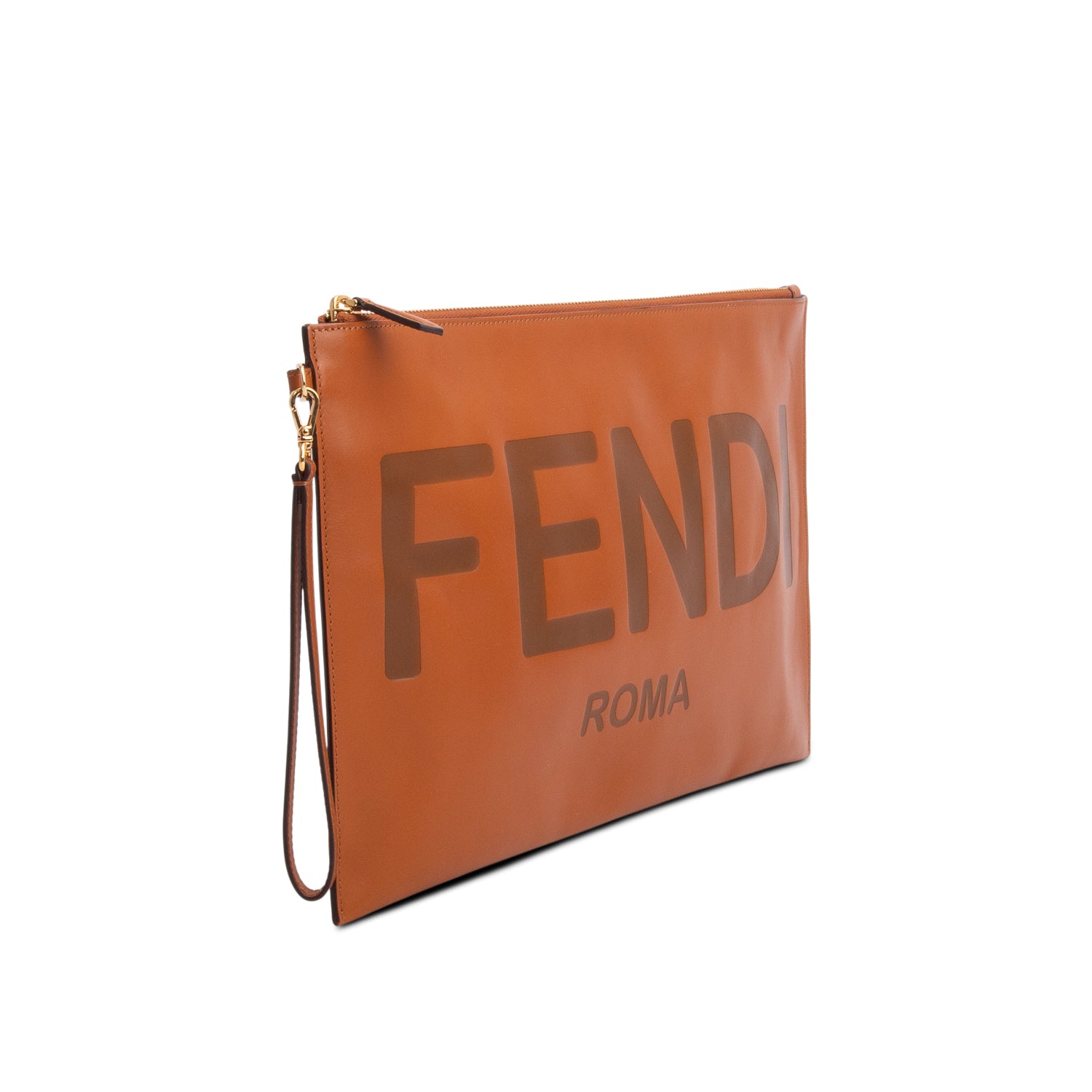 Fendi Brown Vitello King Logo Embossed Large Flat Pouch