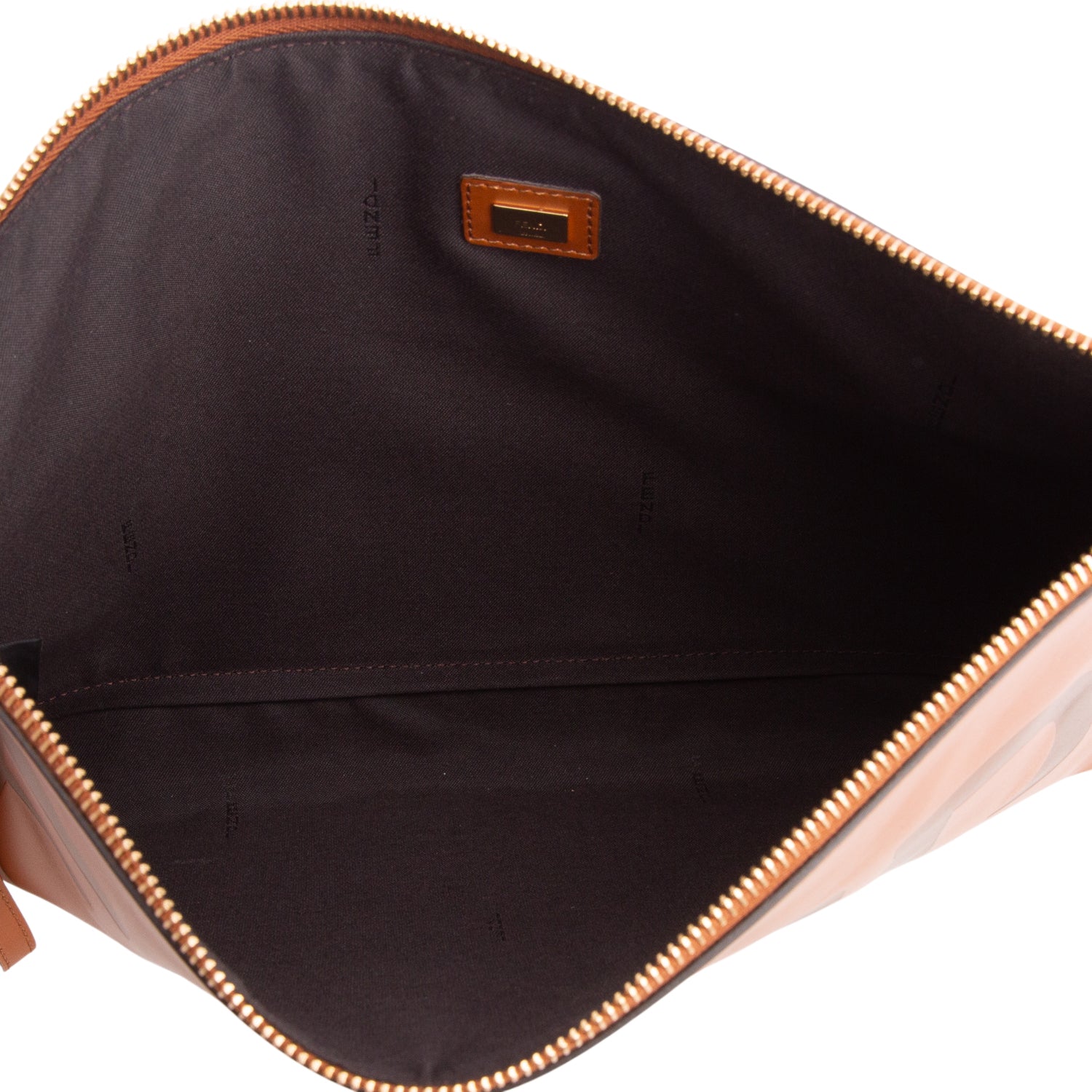 Fendi Brown Vitello King Logo Embossed Large Flat Pouch