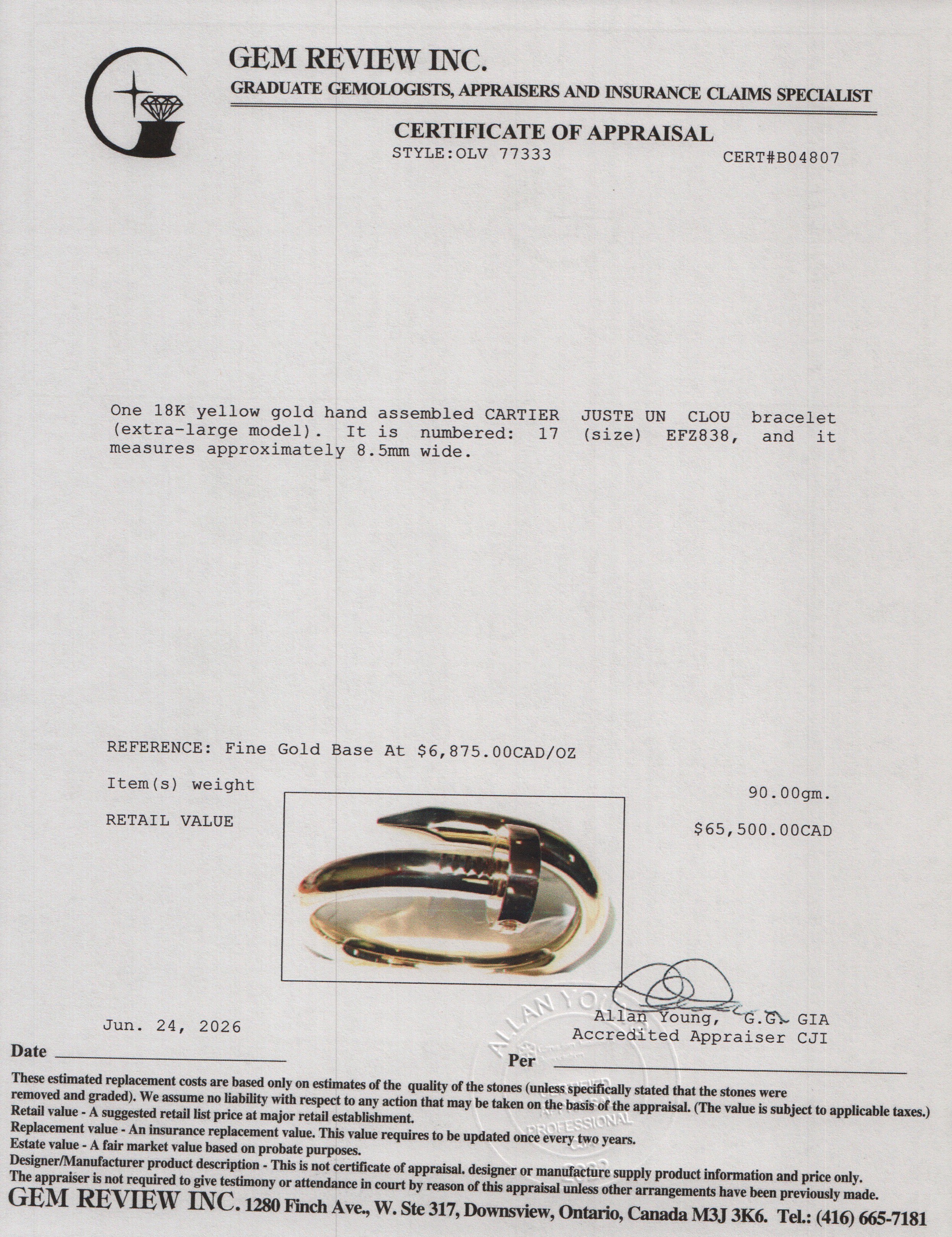 Cartier 18k Yellow Gold Juste Un Clou Bracelet, Extra-Large Model Size 17 w/ Box & Receipt