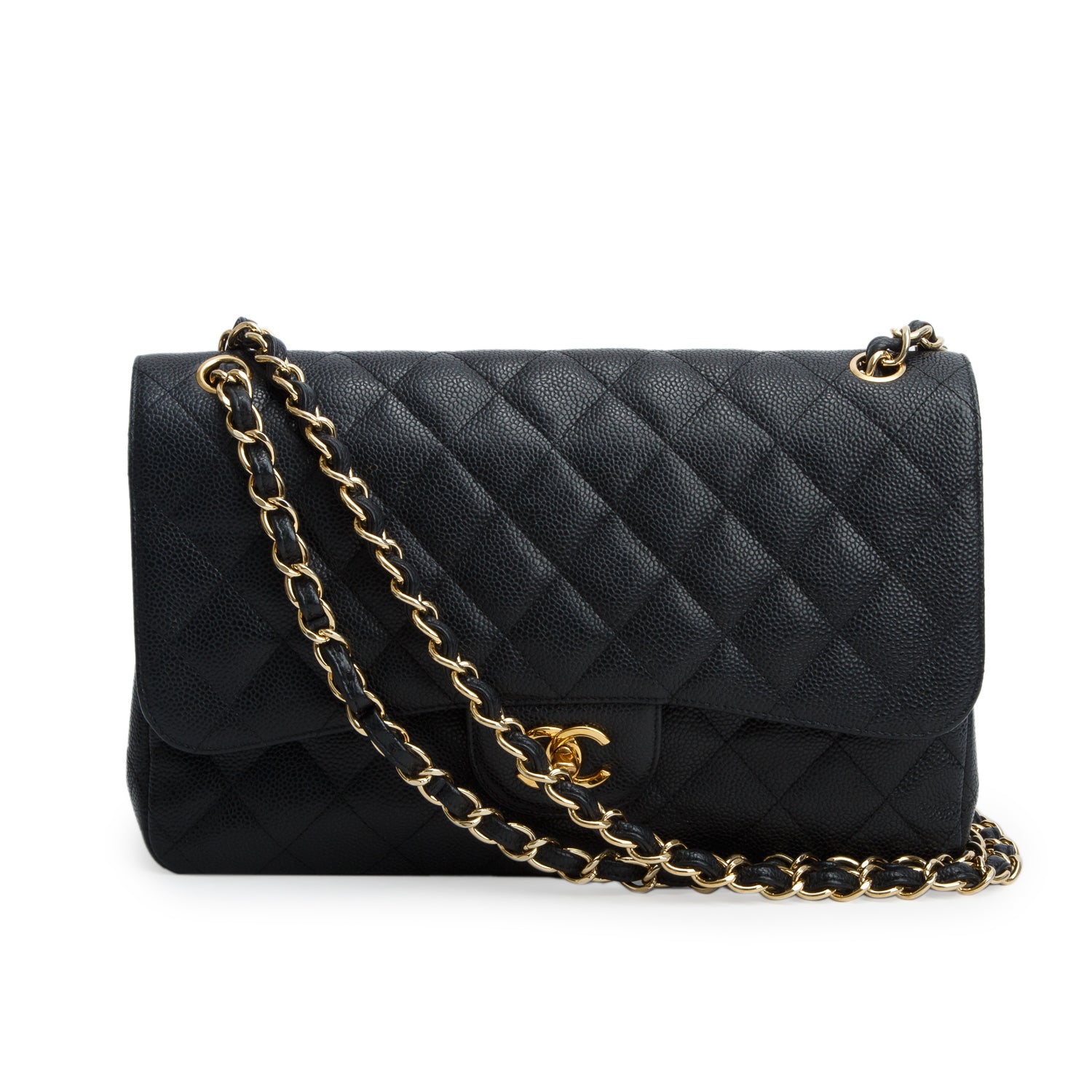 Chanel Black Caviar Quilted Leather Classic Jumbo Double Flap Bag w/ Authenticity Card