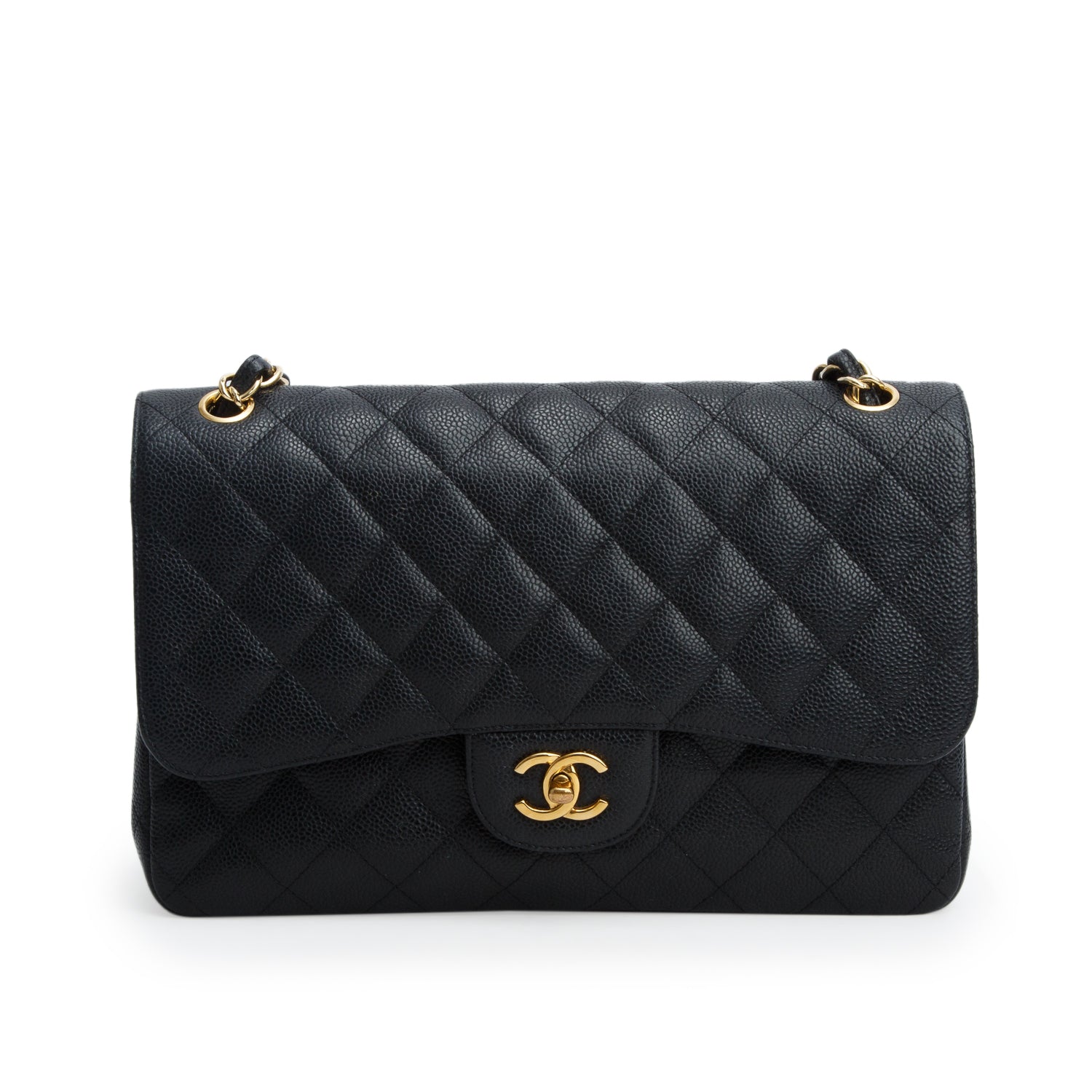 Chanel Black Caviar Quilted Leather Classic Jumbo Double Flap Bag w/ Authenticity Card