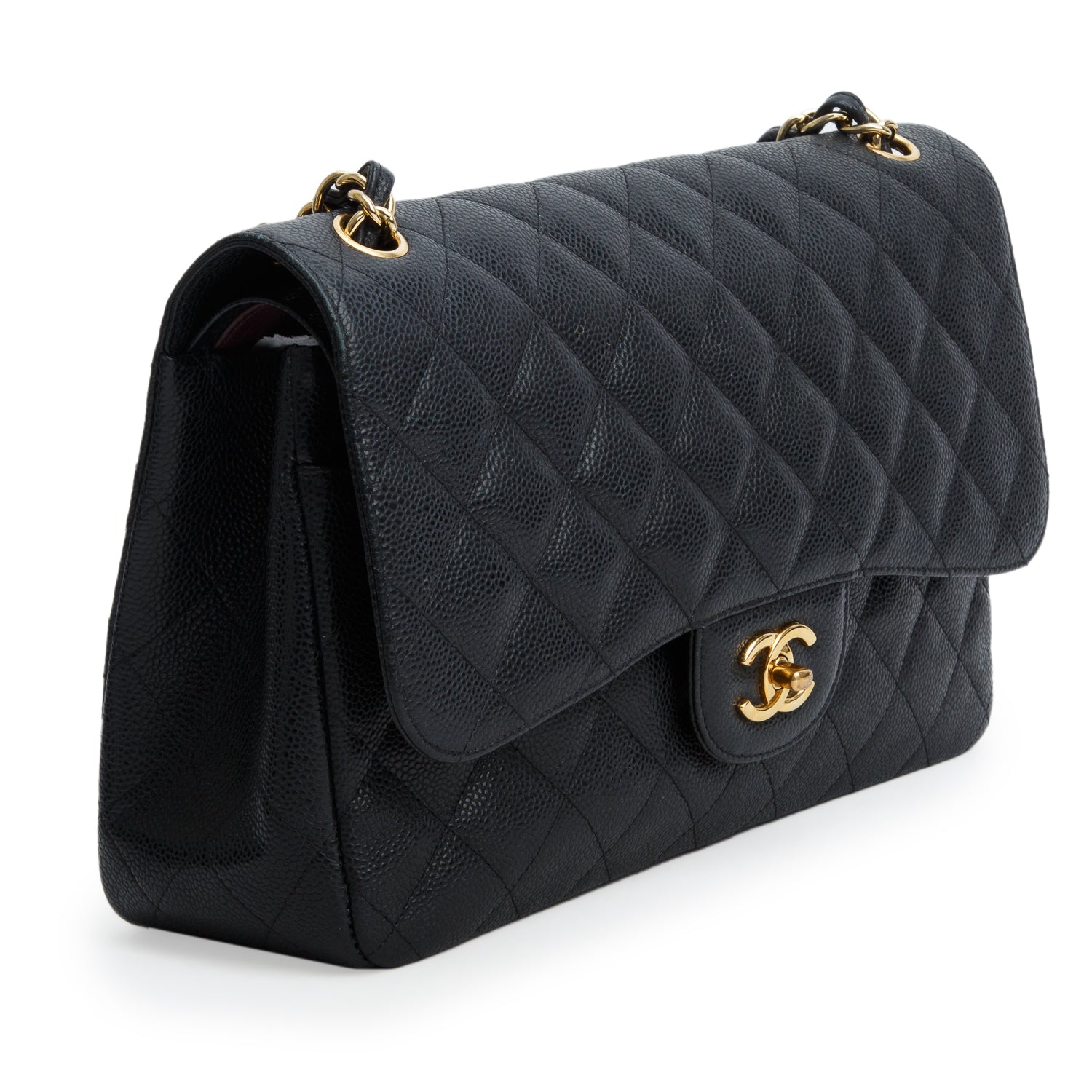 Chanel Black Caviar Quilted Leather Classic Jumbo Double Flap Bag w/ Authenticity Card