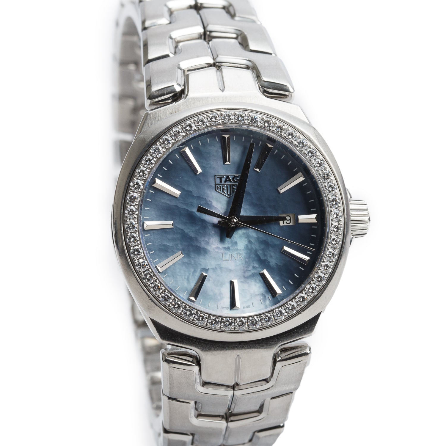 Tag Heuer Stainless Steel Diamond Bezel Link 32 MM Quartz Watch Blue Mother of Pearl Dial WBC1315 w/ Box & Papers