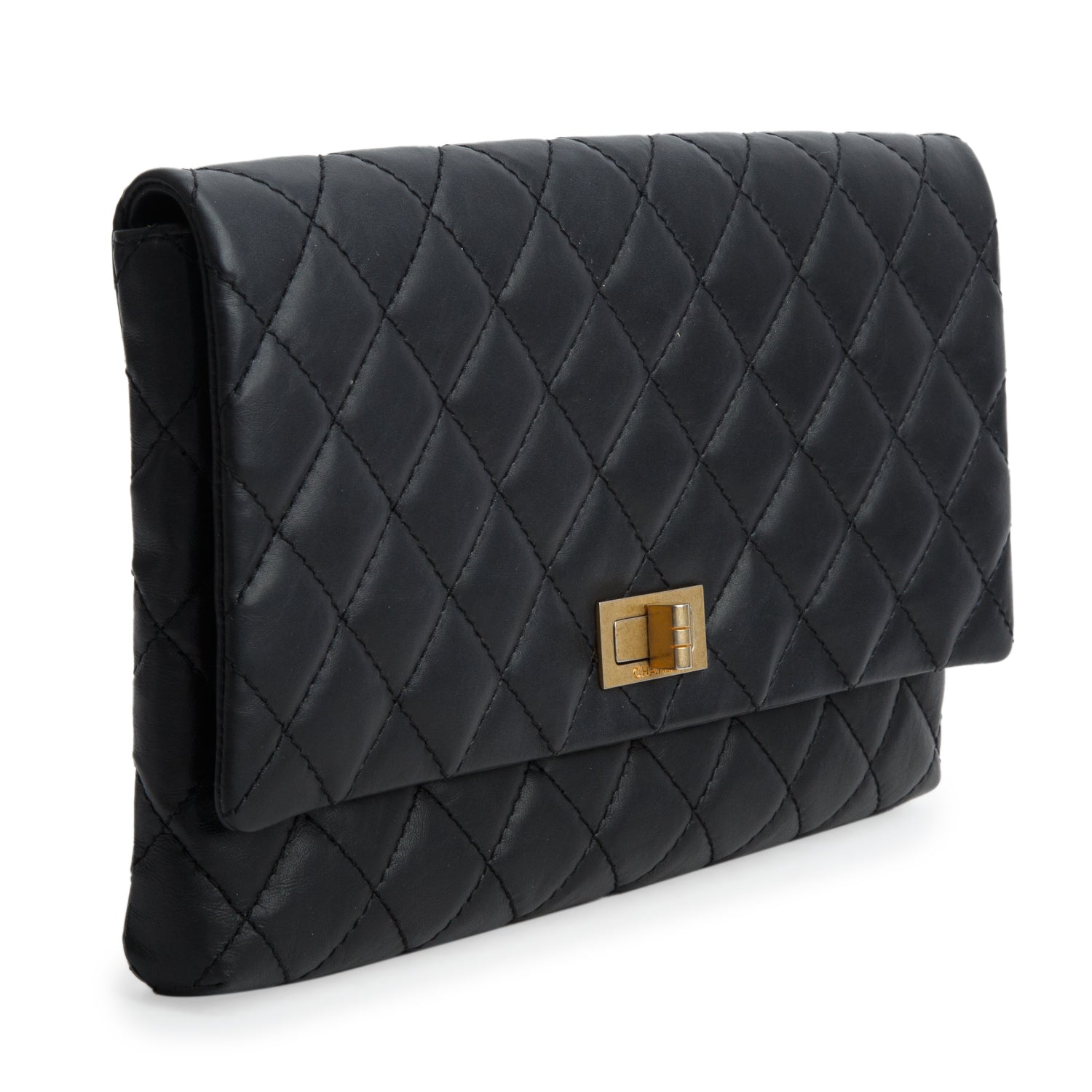 Chanel Black Aged Calfskin Quilted Reissue 2.55 Clutch w/ Authenticity Card