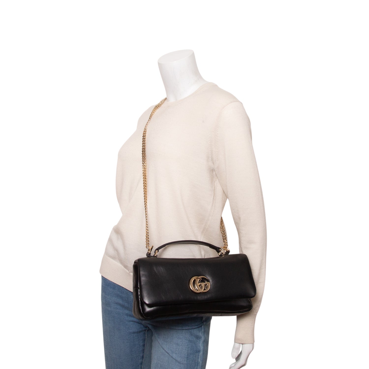 Gucci Black Lambskin Small GG Milano Top Handle Shoulder Bag w/ Chain