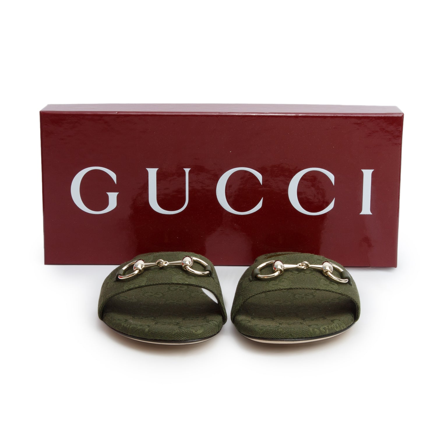 Gucci Green GG Canvas Horsebit Slide Sandals, Size 37 w/ Box