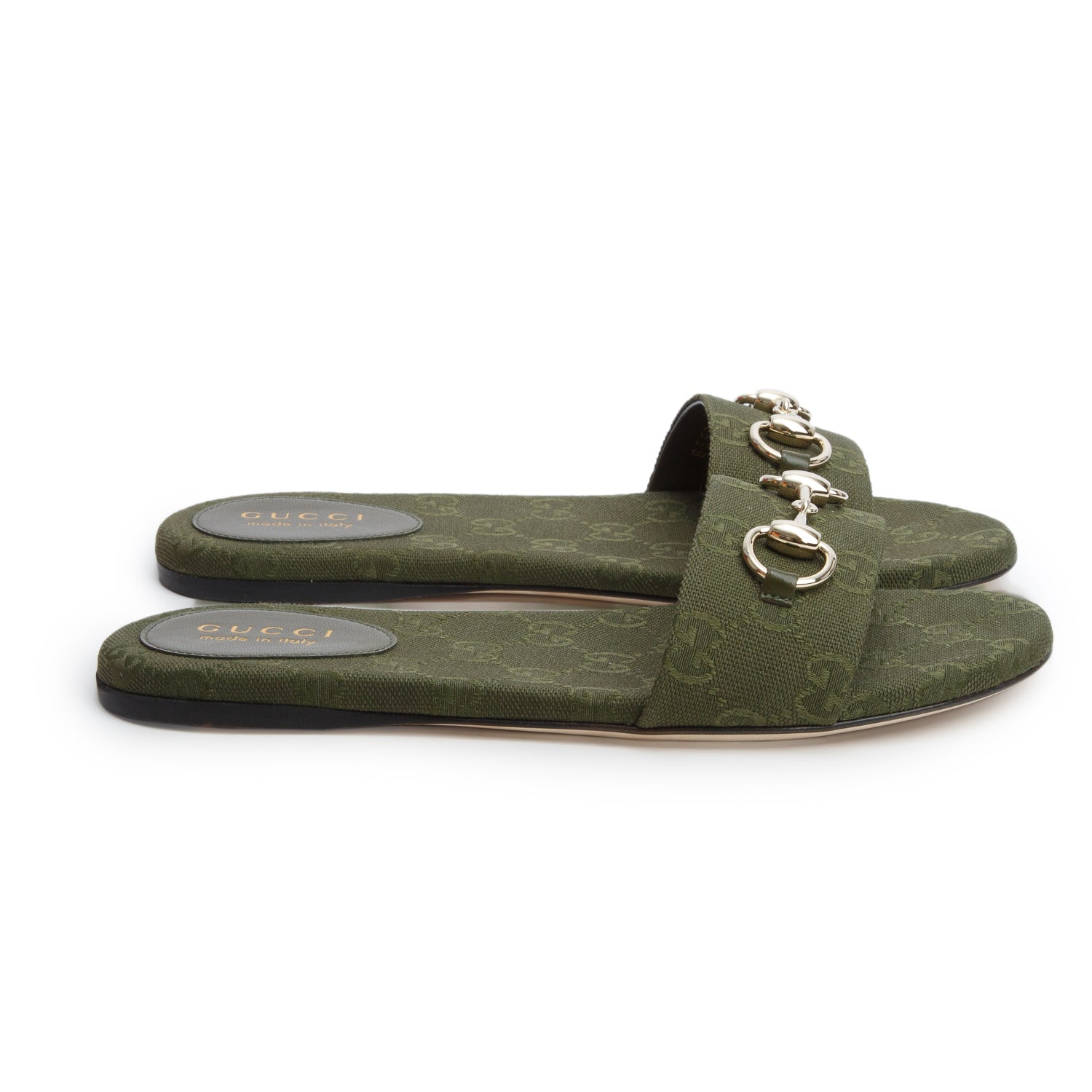 Gucci Green GG Canvas Horsebit Slide Sandals, Size 37 w/ Box