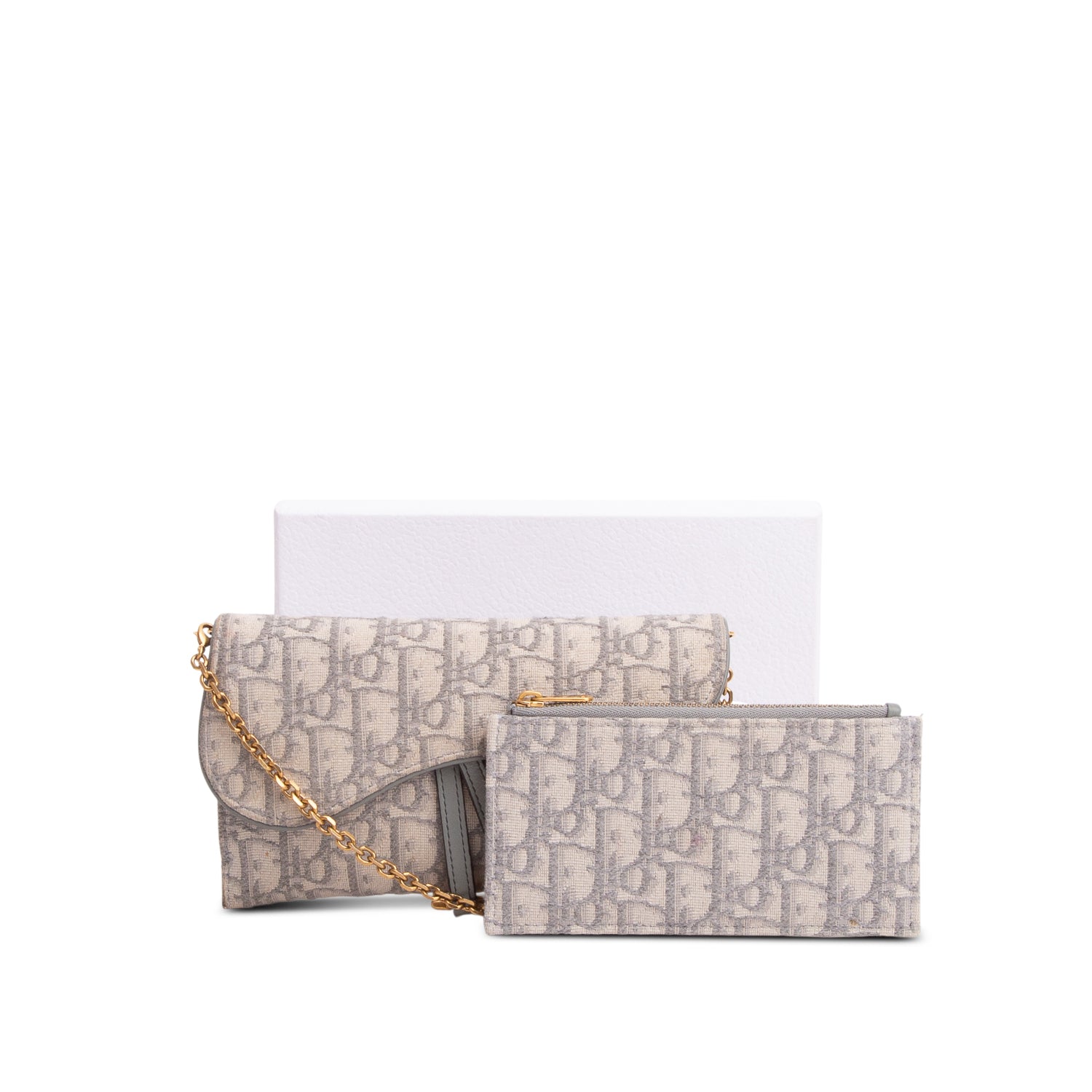 Christian Dior 2021 Grey Oblique Long Saddle Wallet on Chain w/ Box & Insert