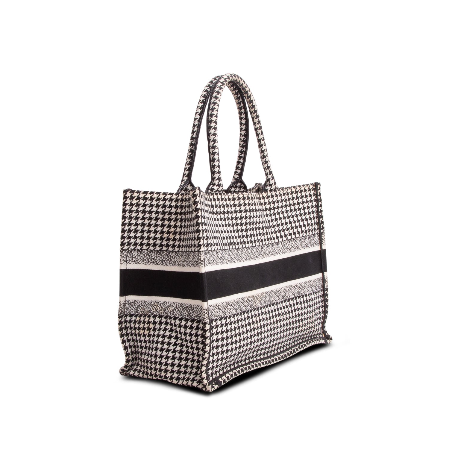 Christian Dior 2020 Black White Canvas Macro Houndstooth Embroidered Medium Book Tote
