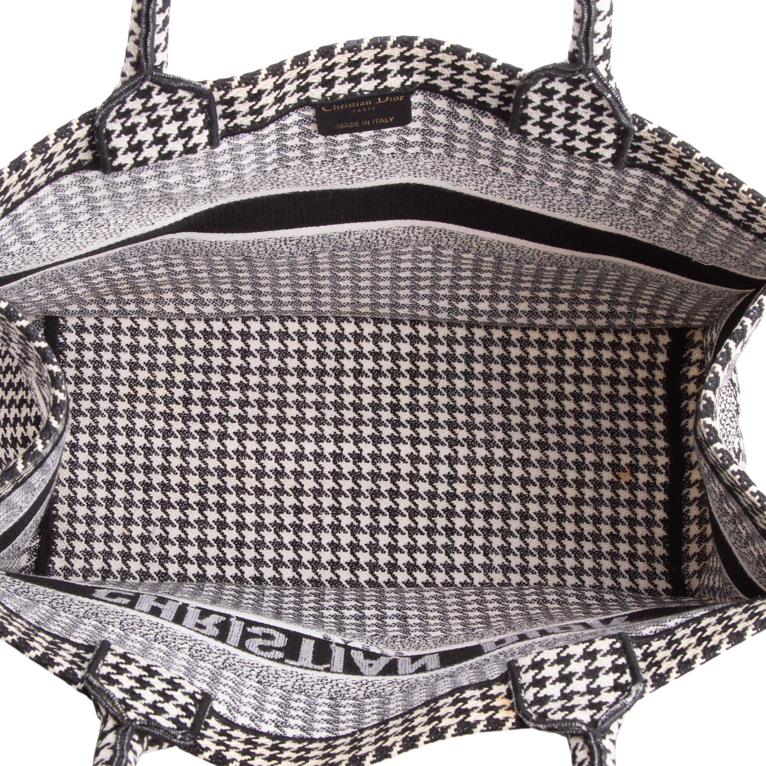 Christian Dior 2020 Black White Canvas Macro Houndstooth Embroidered Medium Book Tote