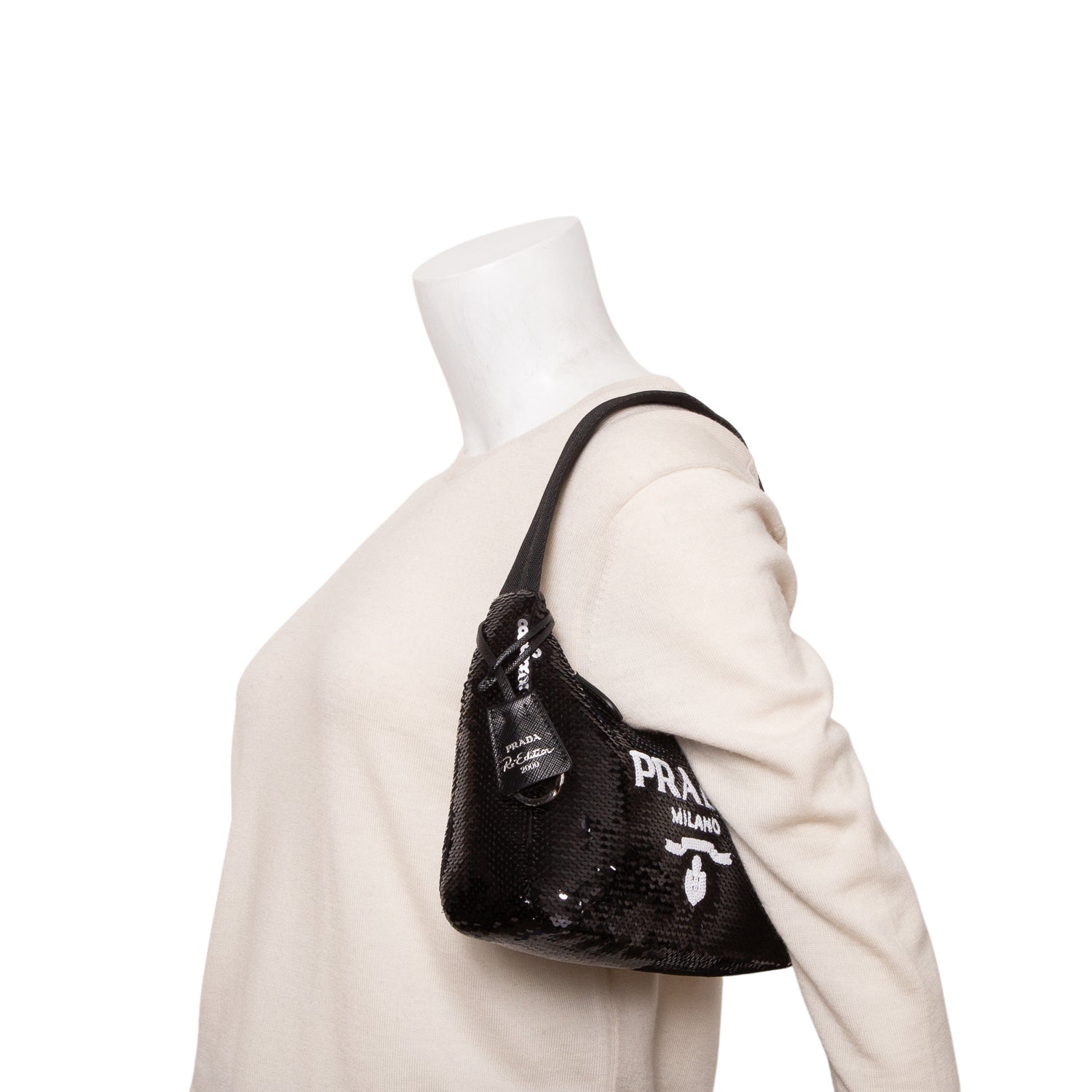 Prada Black Paillettes Sequin Mini Re-Edition 2000 Bag w/ Box & Authenticity Card