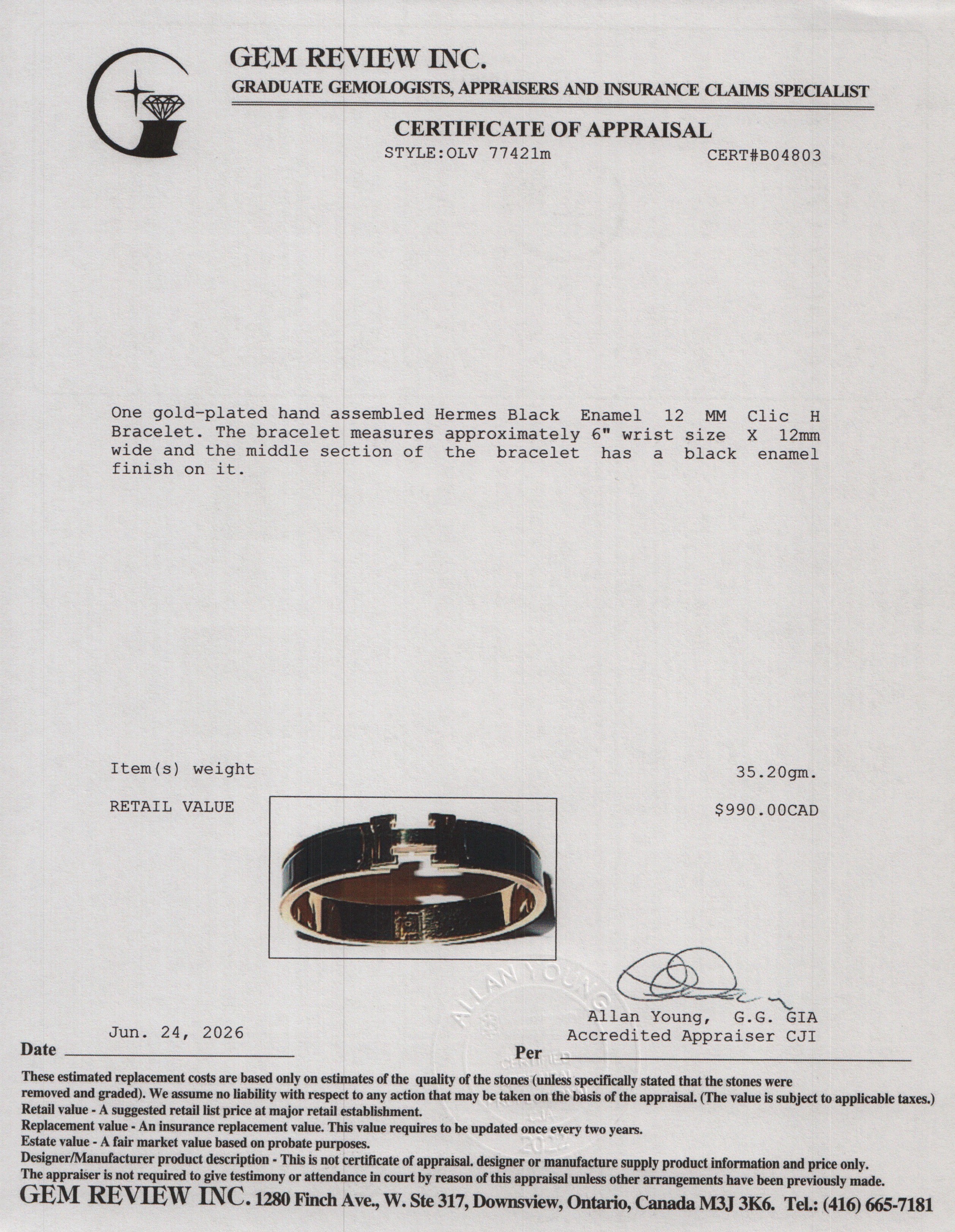 Hermes Gold Plated Black Enamel 12 MM Clic H Bracelet w/ Box