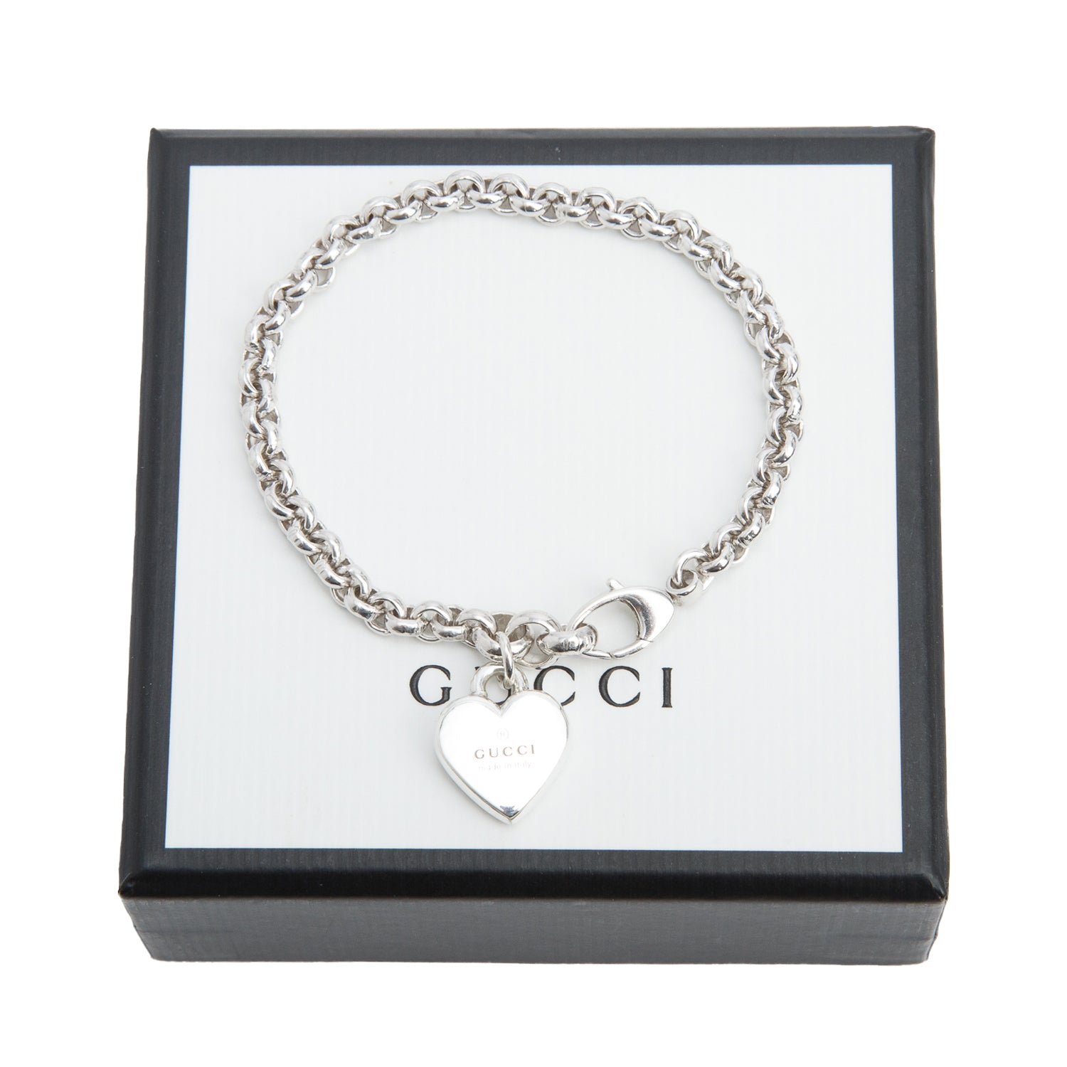 Gucci Sterling Silver Logo Heart Charm Bracelet w/ Box