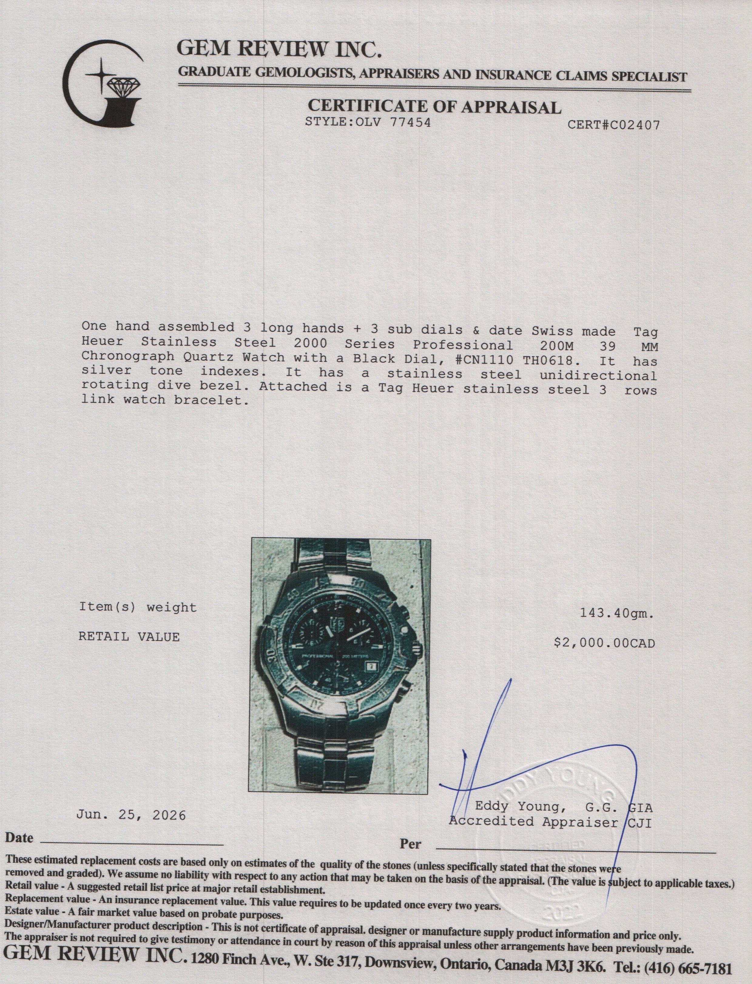 Tag Heuer Stainless Steel 2000 Series Professional 200M 39 MM Chronograph Quartz Watch Black Dial CN1110
