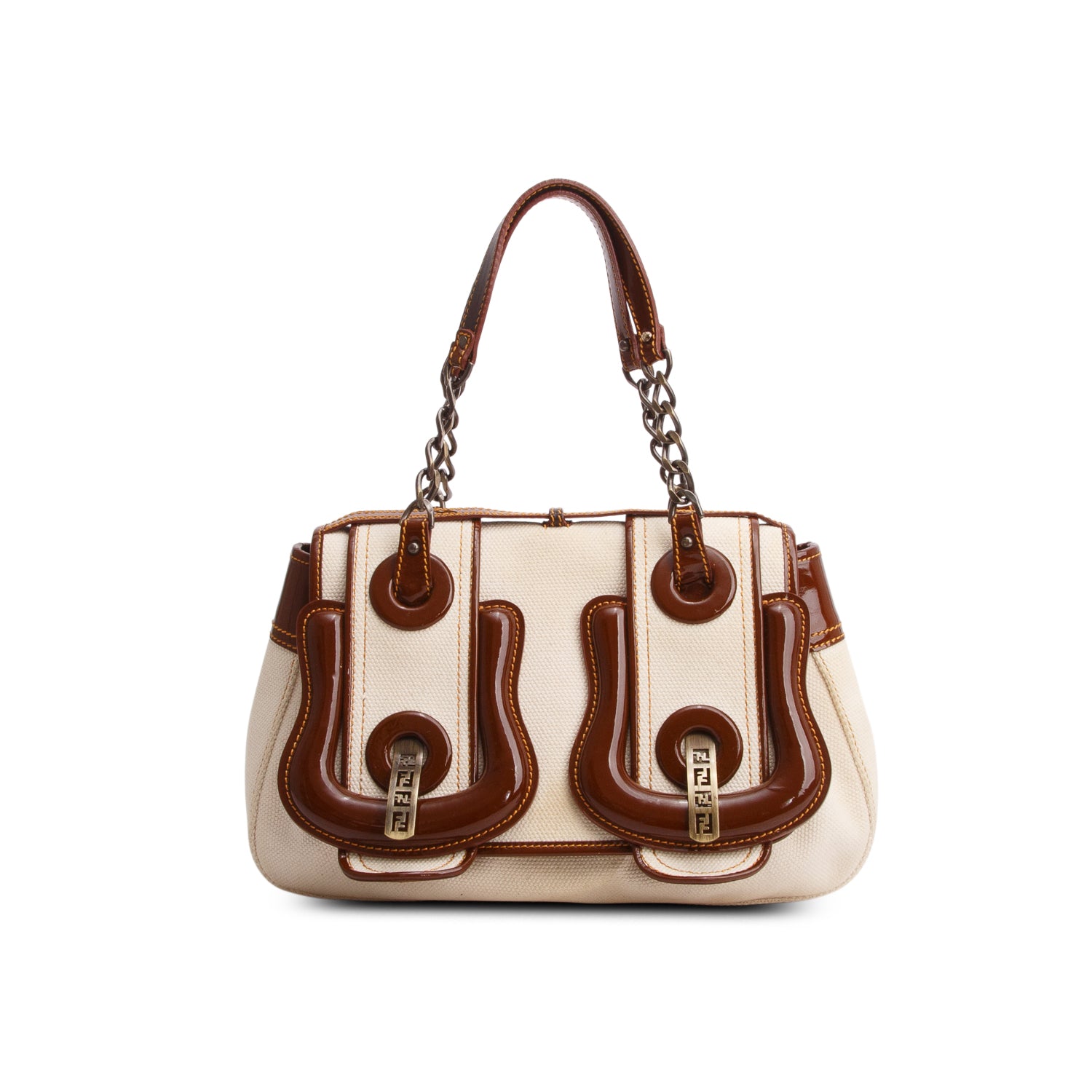 Fendi Cream Toile Patent Calfskin B Bag