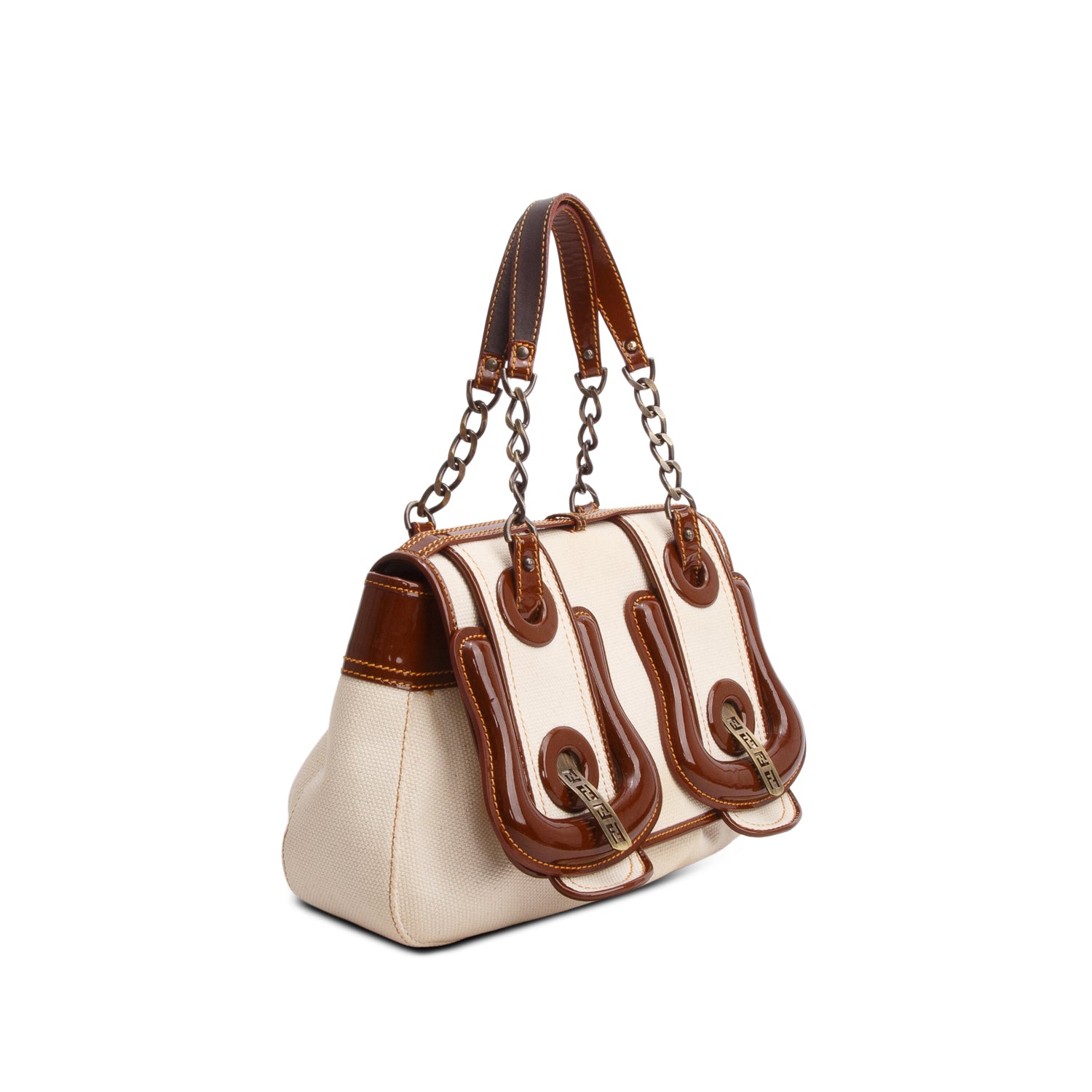 Fendi Cream Toile Patent Calfskin B Bag