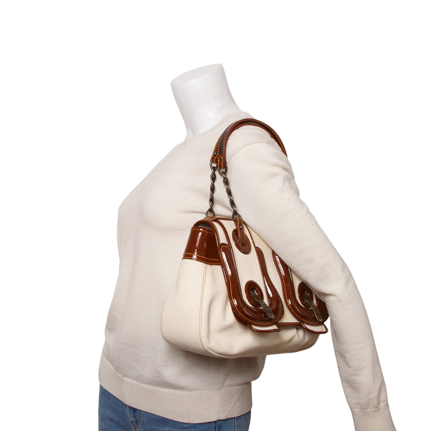 Fendi Cream Toile Patent Calfskin B Bag