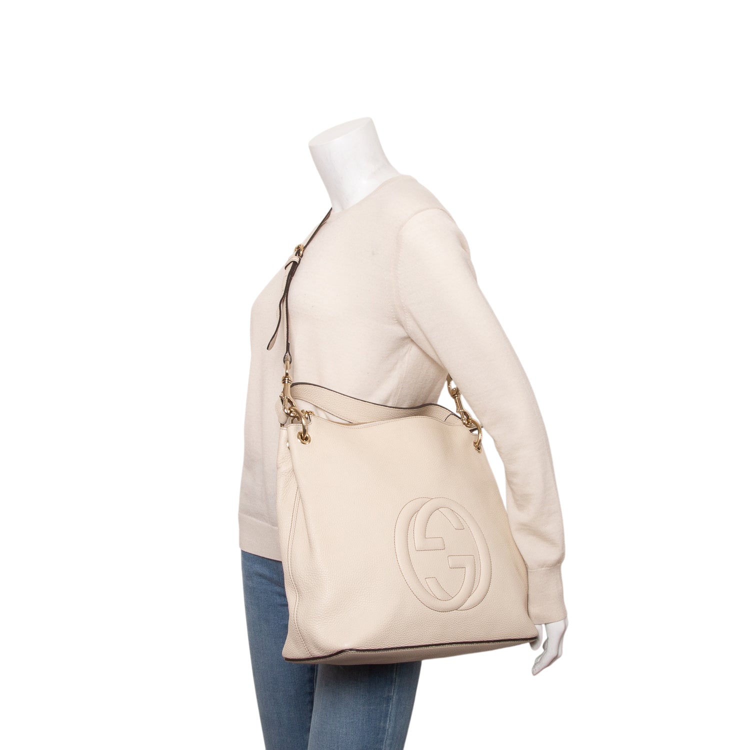 Gucci White Pebbled Calfskin Leather Convertible Soho Hobo Bag
