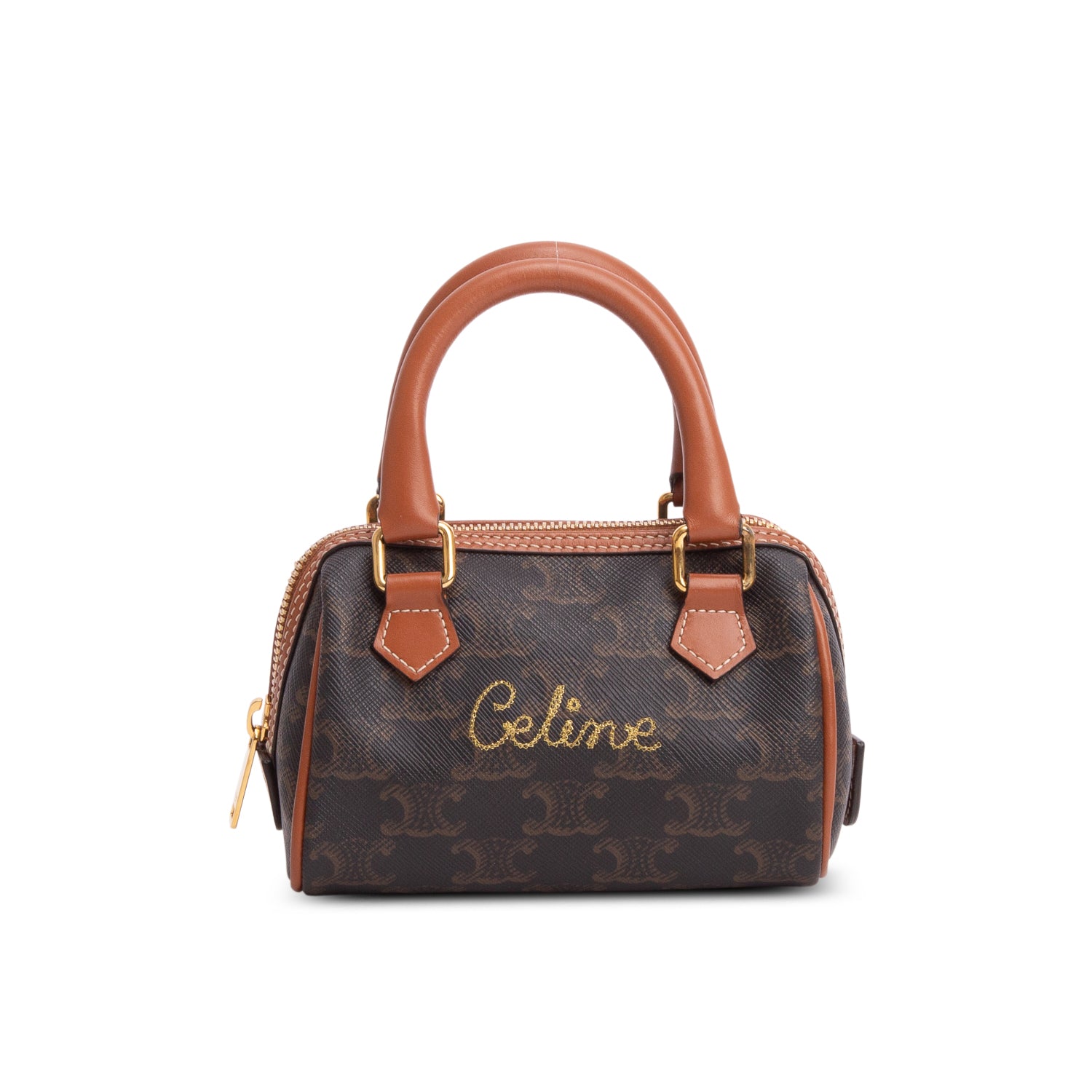 Celine 2020 Triomphe Canvas Calfskin Mini Boston Bag w/ Strap