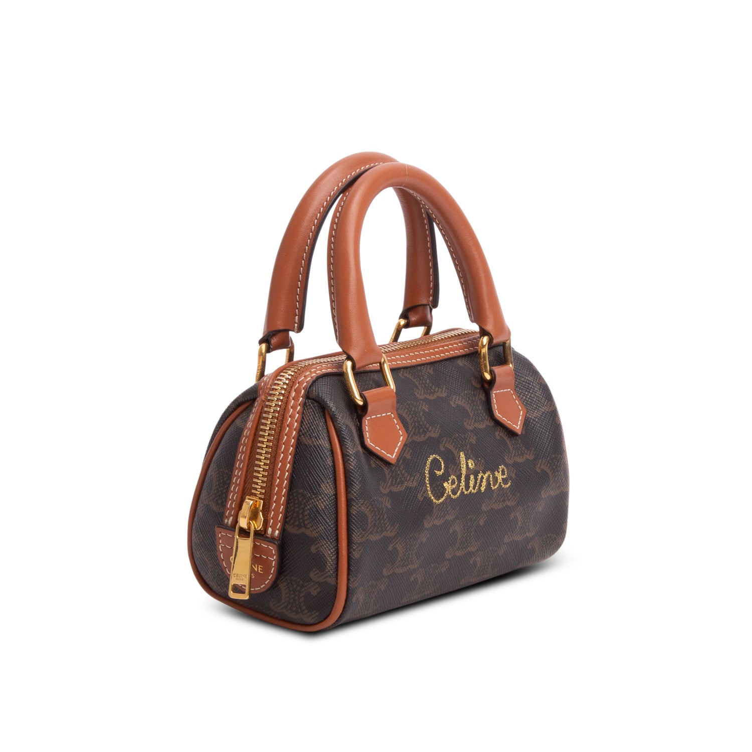 Celine 2020 Triomphe Canvas Calfskin Mini Boston Bag w/ Strap