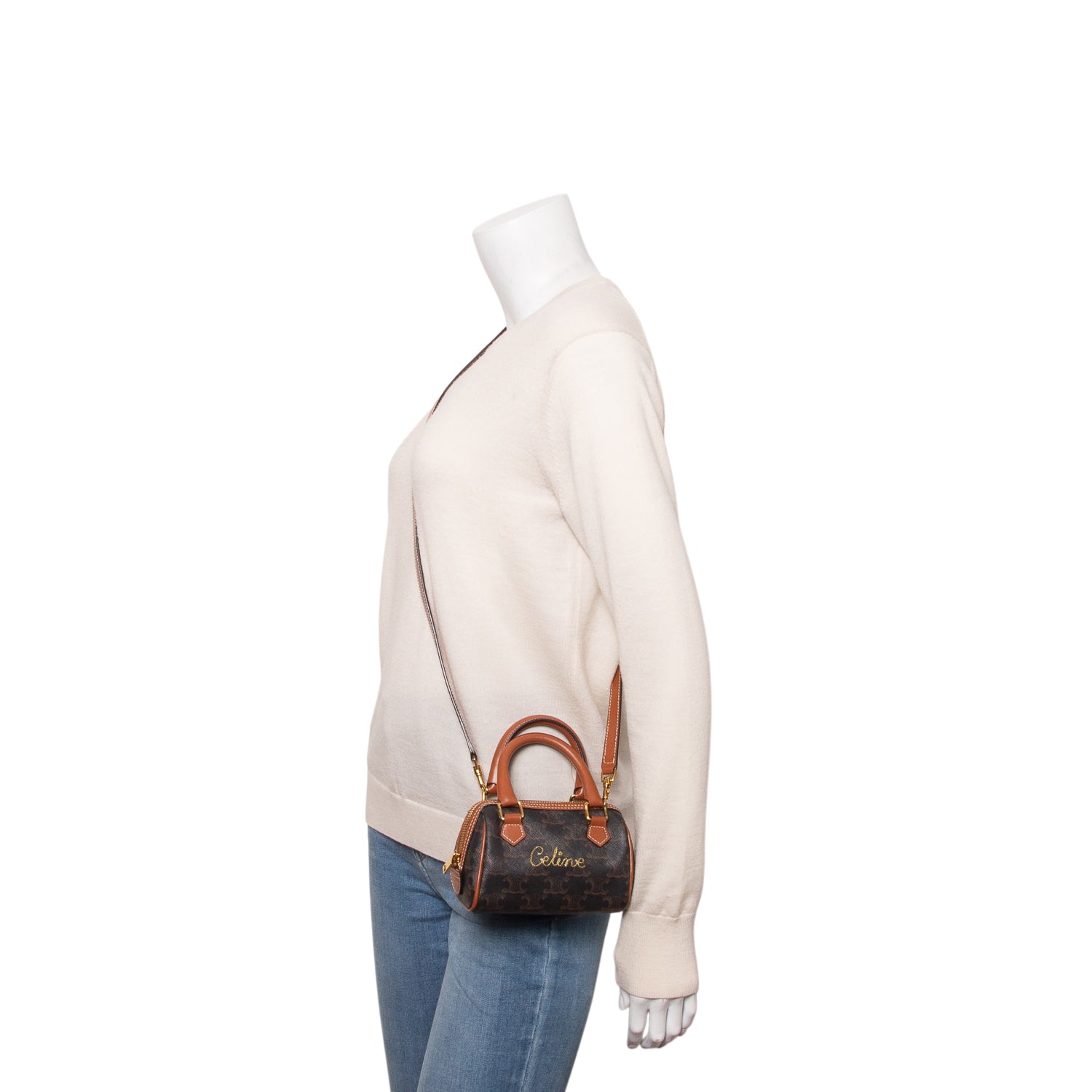 Celine 2020 Triomphe Canvas Calfskin Mini Boston Bag w/ Strap