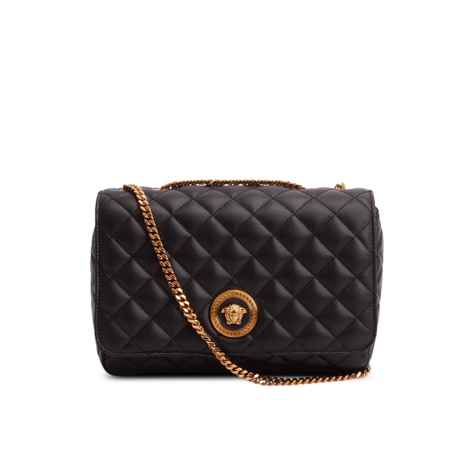 Versace Black Nappa Quilted Leather La Medusa Chain Shoulder Bag