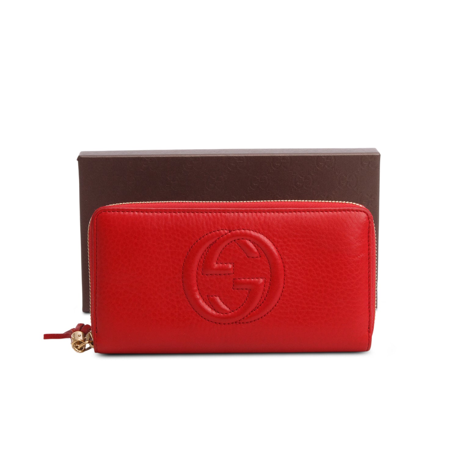 Gucci Red Pebbled Calfskin Soho Zip Around Wallet w/ Box