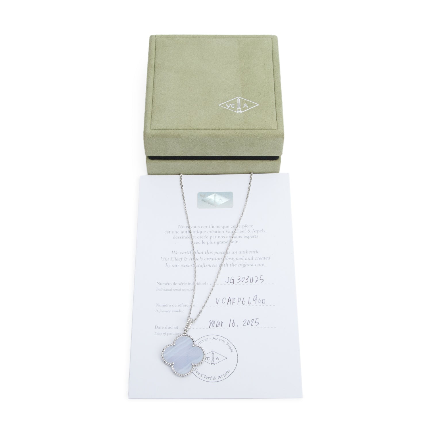 Van Cleef & Arpels 2025 18k White Gold Chalcedony Magic Alhambra Long Necklace, 1 Motif w/ Box & Certificate