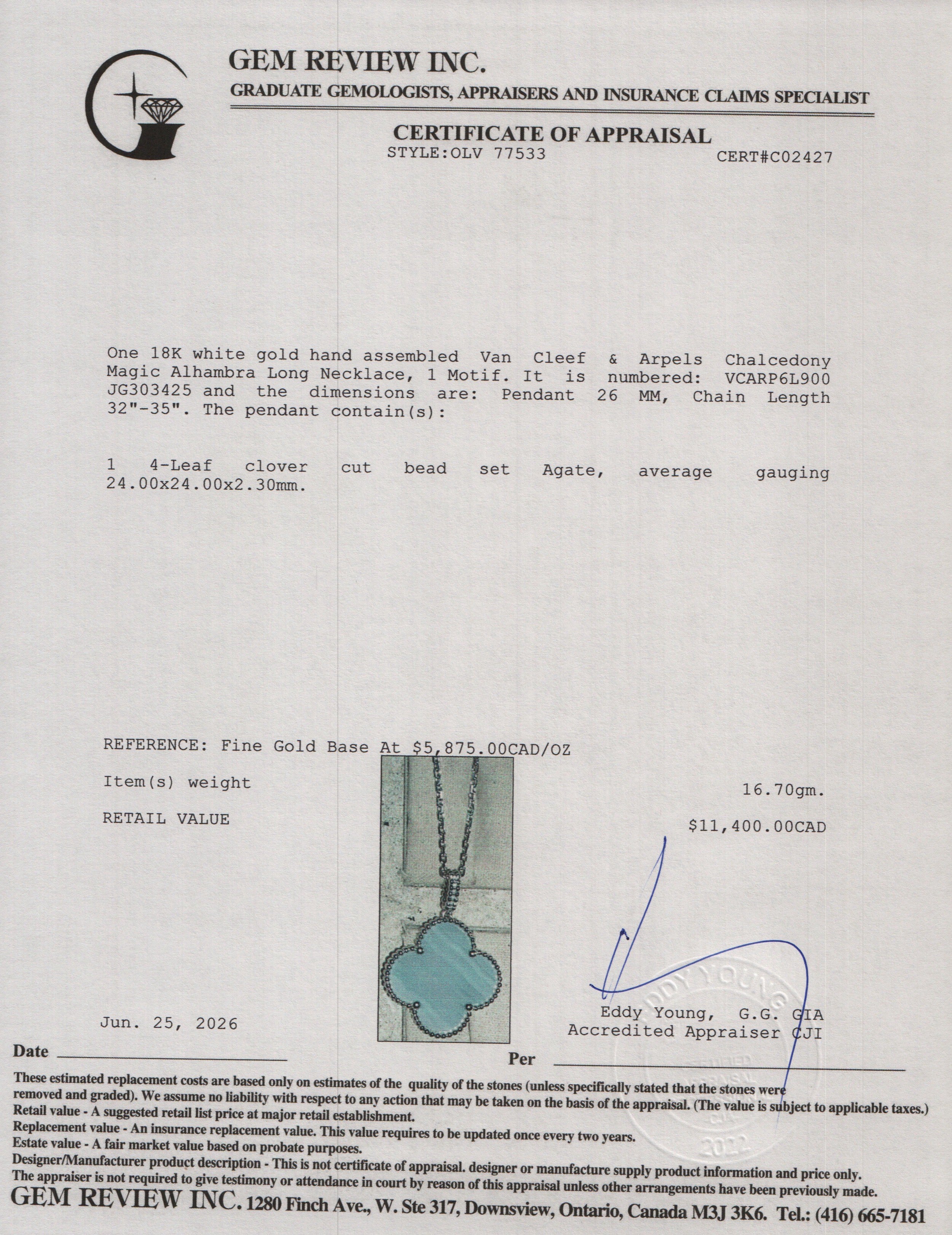 Van Cleef & Arpels 2025 18k White Gold Chalcedony Magic Alhambra Long Necklace, 1 Motif w/ Box & Certificate