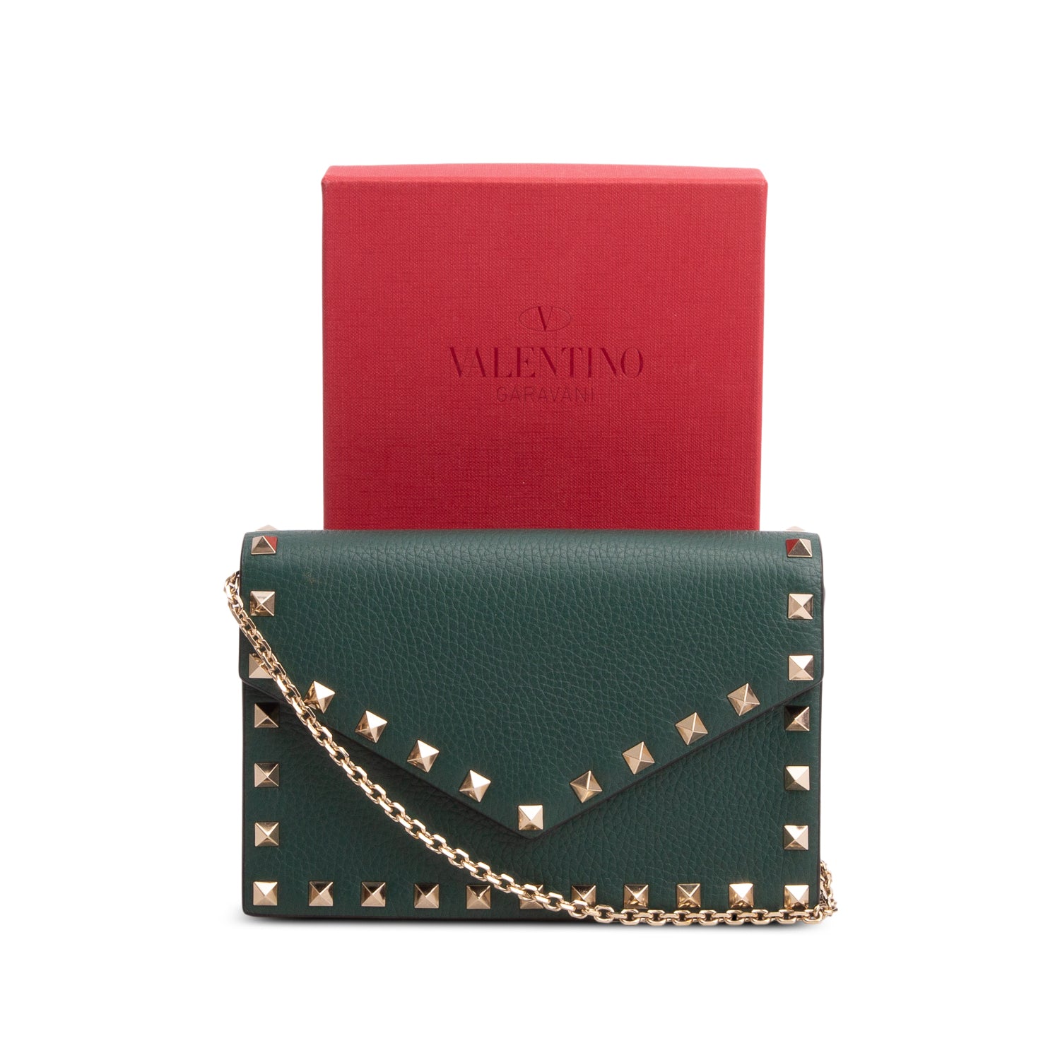 Valentino Green Vitello Rockstud Enveloppe Wallet on Chain w/ Box