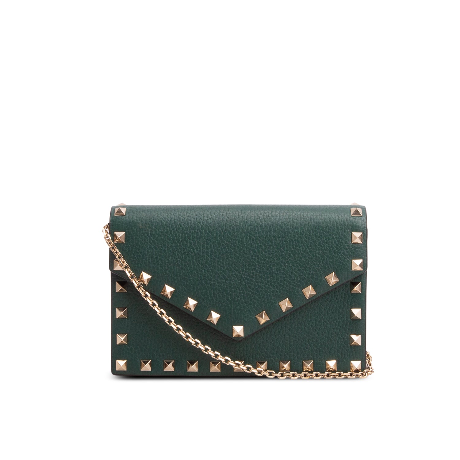 Valentino Green Vitello Rockstud Enveloppe Wallet on Chain w/ Box