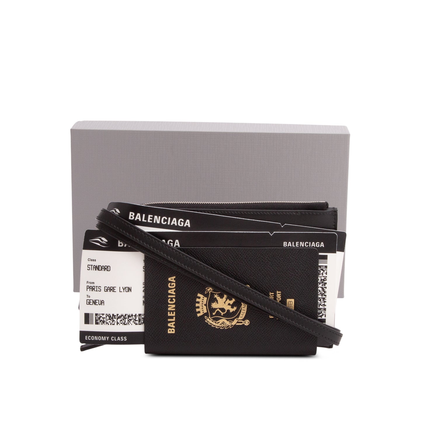 Balenciaga Black Textured Calfskin Passport Phone Holder w/ Box & Strap
