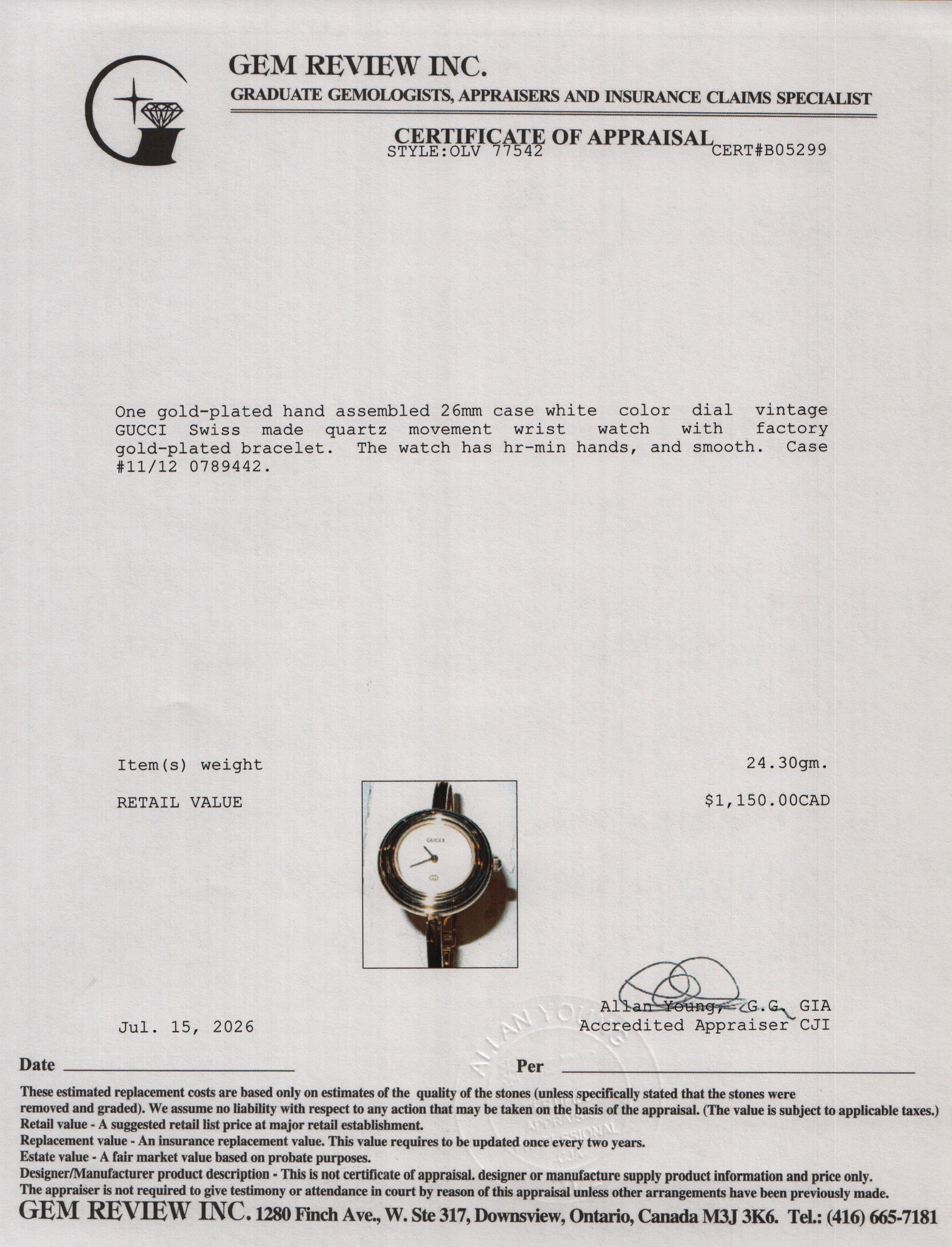 Gucci Gold Plated Stainless Steel 1100 Series 26 MM Watch White Dial