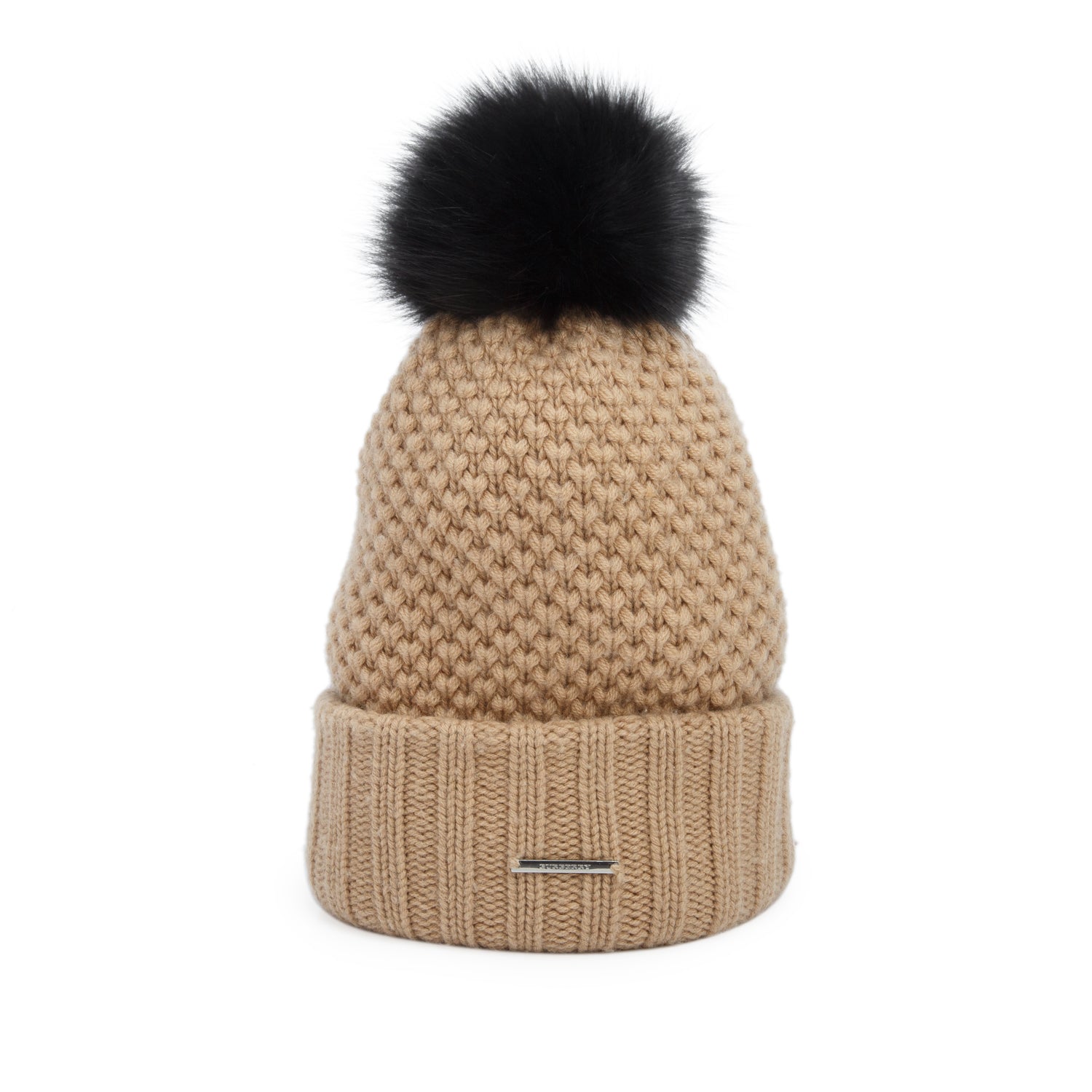 Burberry Beige Wool/Cashmere Blue Fox Fur Pompom Beanie