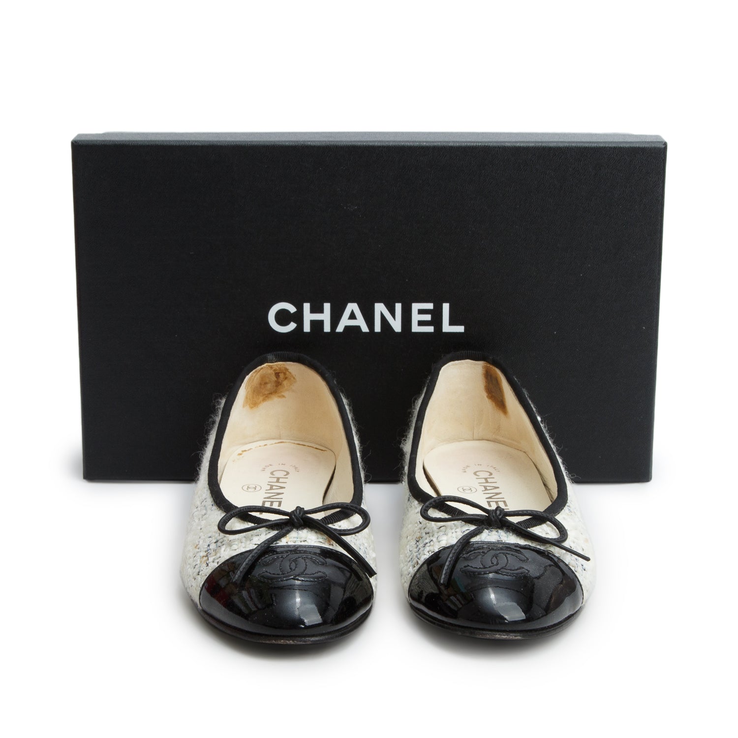 Chanel Cream Tweed Patent Leather Cap Toe Ballet Flats, Size 36.5 w/ Box