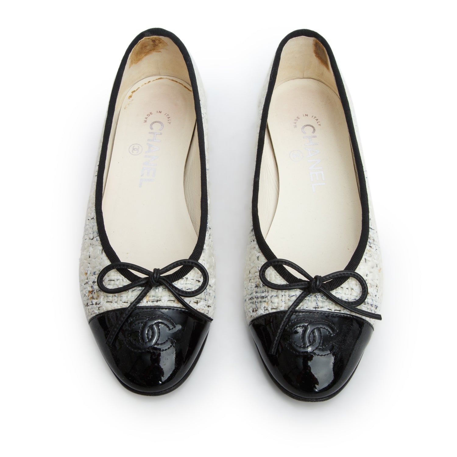 Chanel Cream Tweed Patent Leather Cap Toe Ballet Flats, Size 36.5 w/ Box