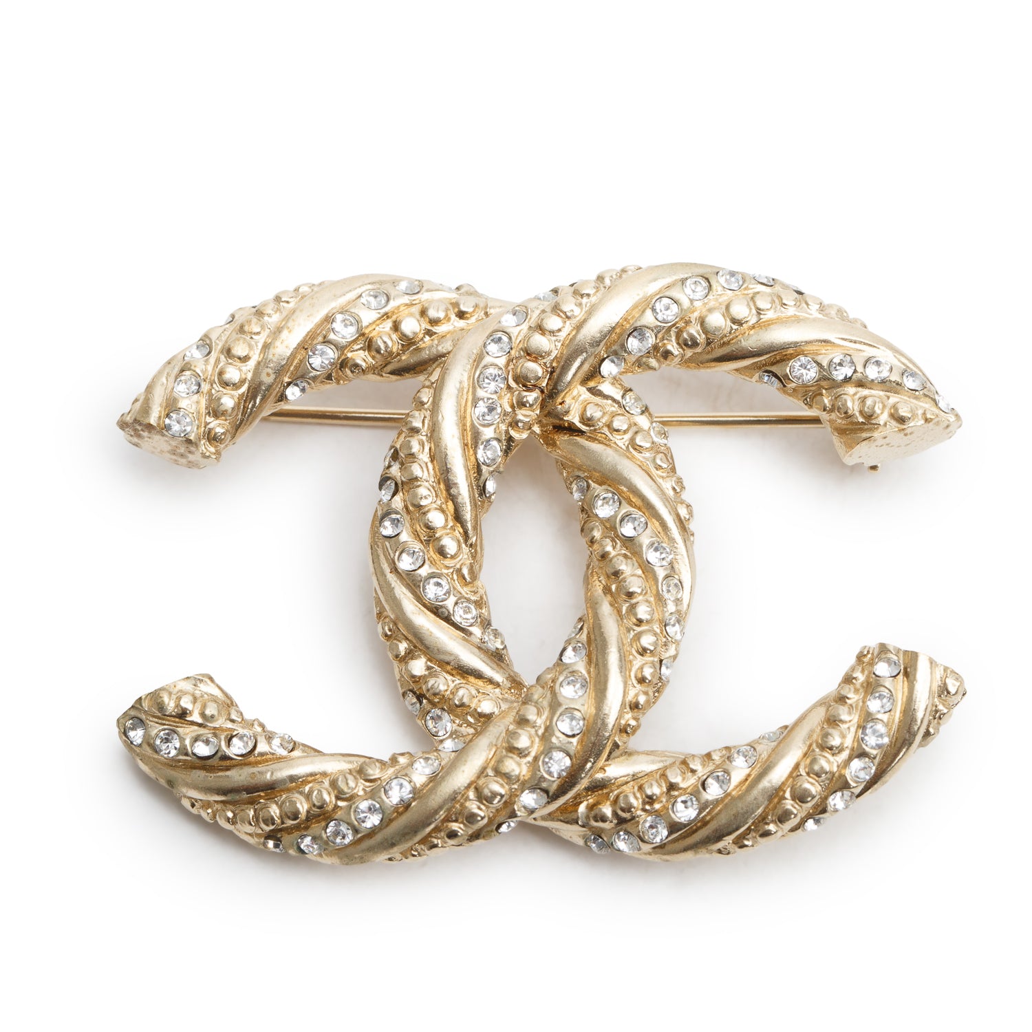 Chanel Gold Plated Strass Twisted CC Pin Brooch w/ Box
