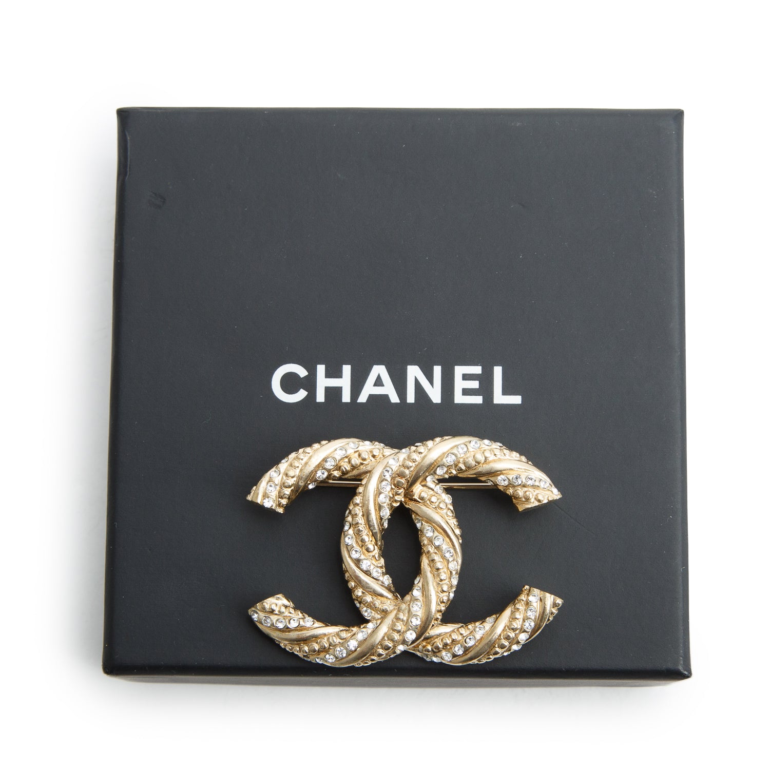 Chanel Gold Plated Strass Twisted CC Pin Brooch w/ Box