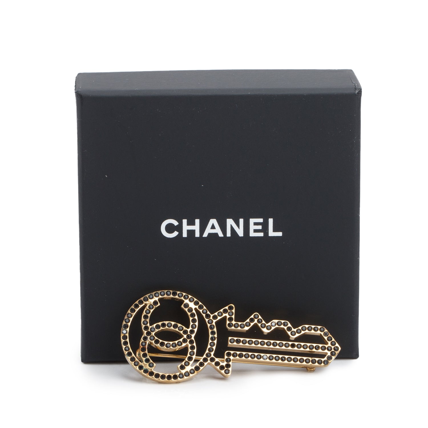 Chanel Gold Plated Strass CC Key Pin Brooch w/ Box