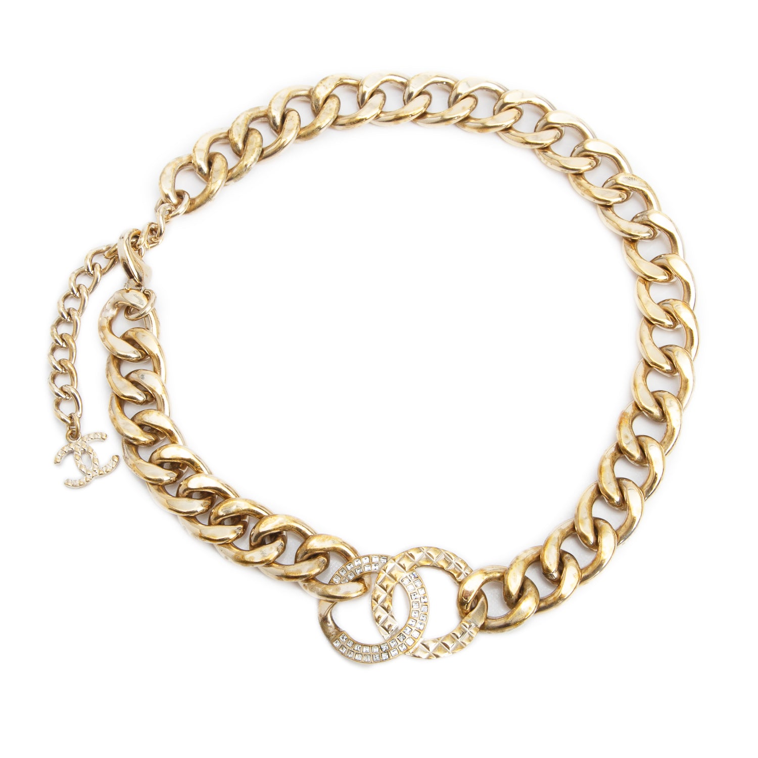 Chanel Gold Plated Strass CC Curb Chain Choker Necklace w/ Box