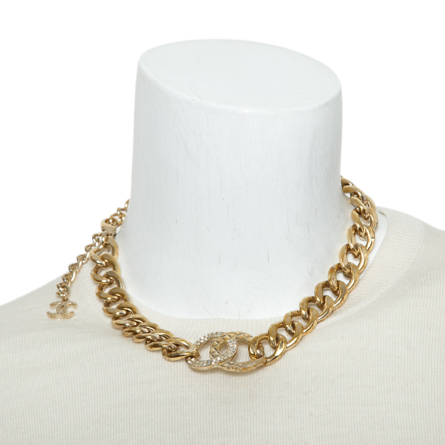 Chanel Gold Plated Strass CC Curb Chain Choker Necklace w/ Box