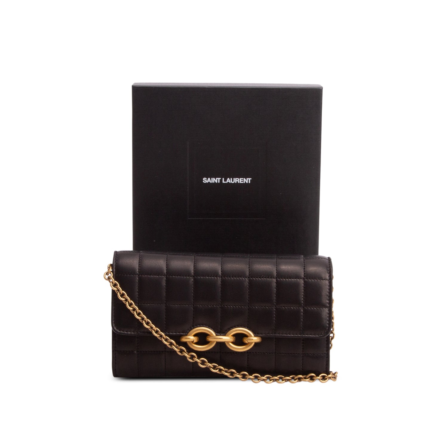 Saint Laurent Black 2022 Lambskin Carre Quilted Le Maillon Wallet on Chain w/ Box