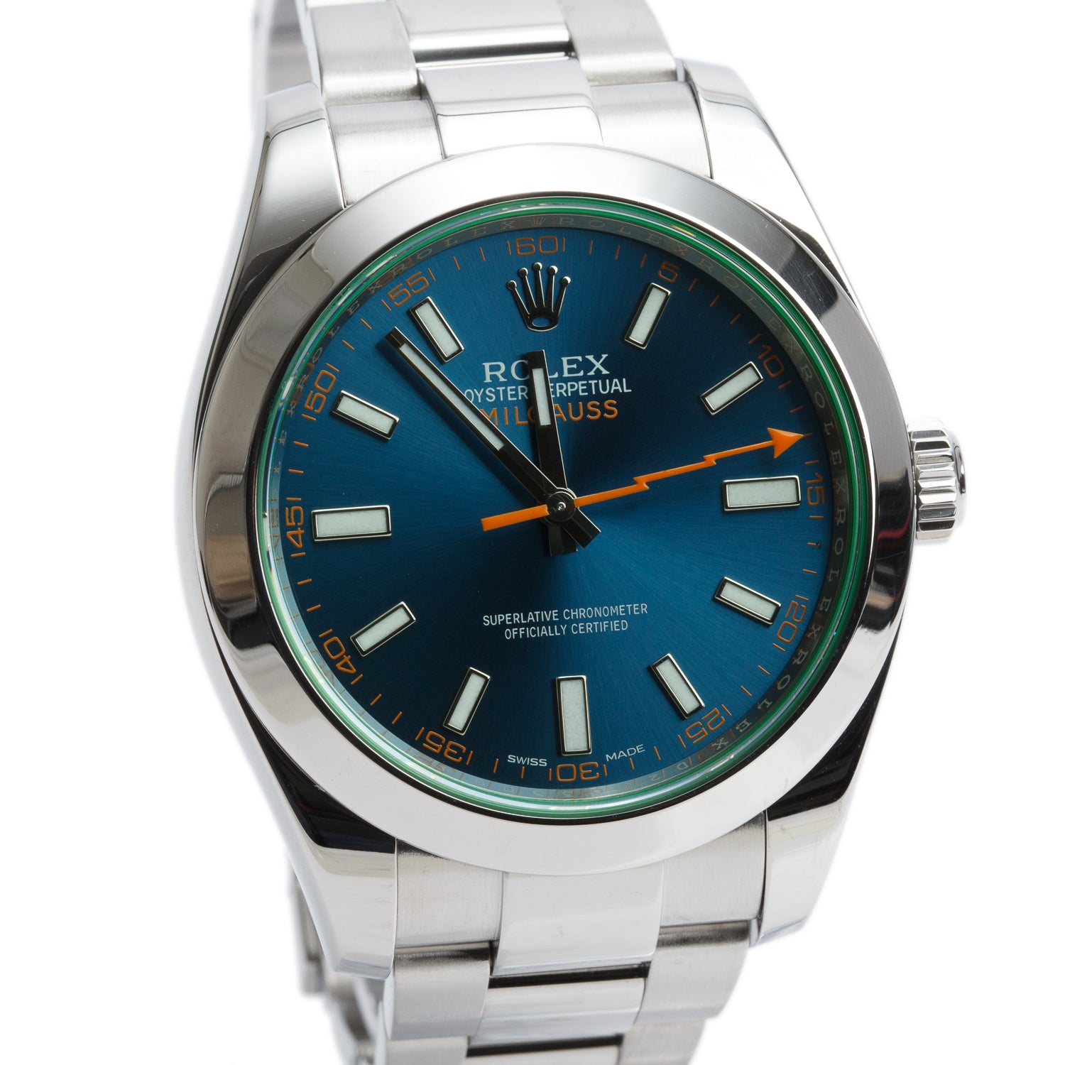 Rolex Stainless Steel Milgauss Green Crystal 40 MM Watch Blue Dial 116400GV w/ Box & Papers
