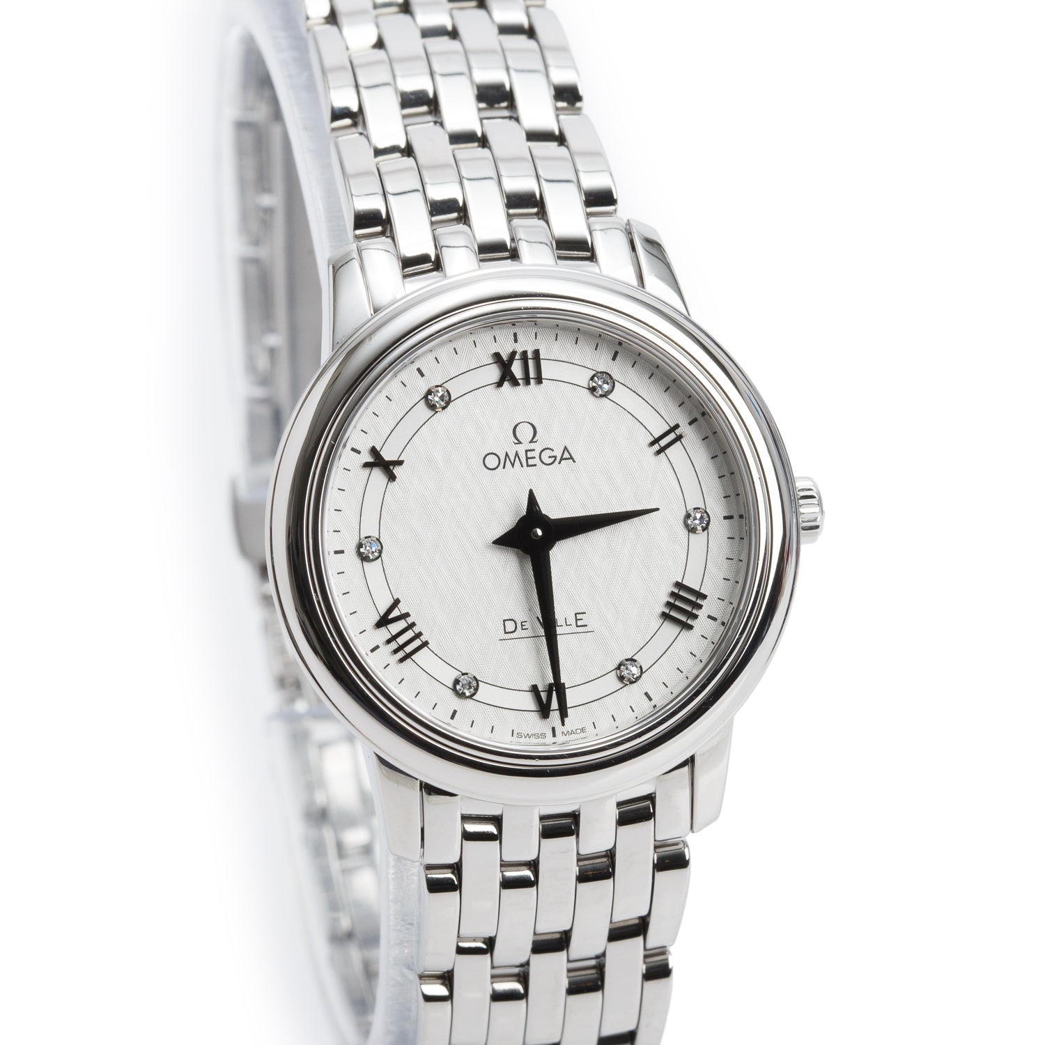 Omega Stainless Steel De Ville Prestige 27.4 MM Quartz Watch Silver Diamond Dial w/ Box & Papers